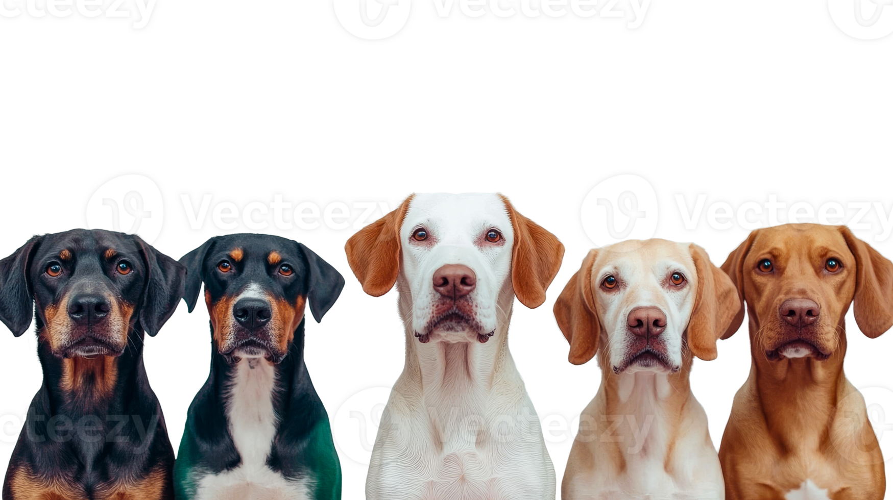 Row of five dogs of different breeds, isolated black background, cut out transparent png