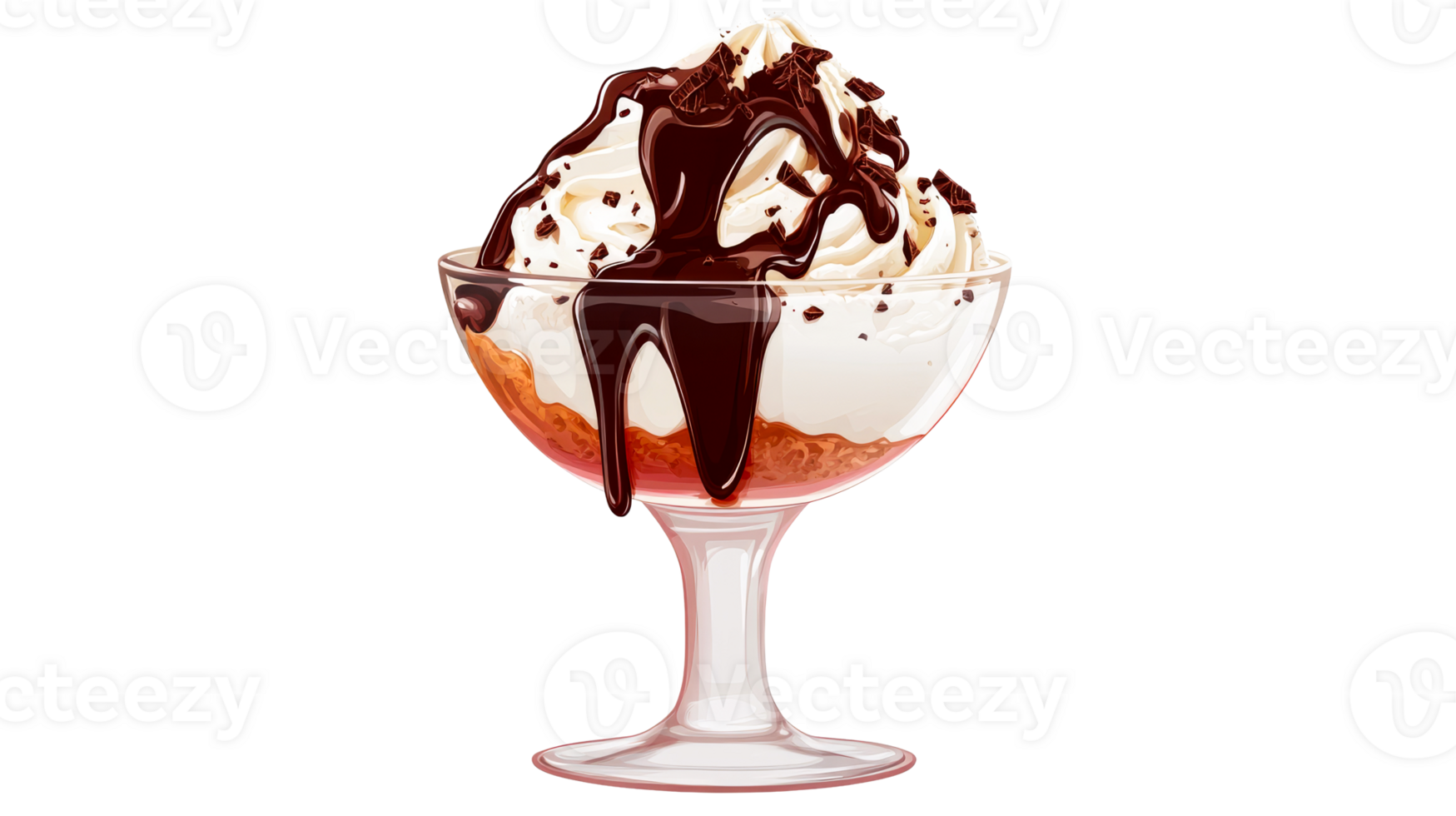 Dessert in glass cup with chocolate sauce and cream, cut out transparent png