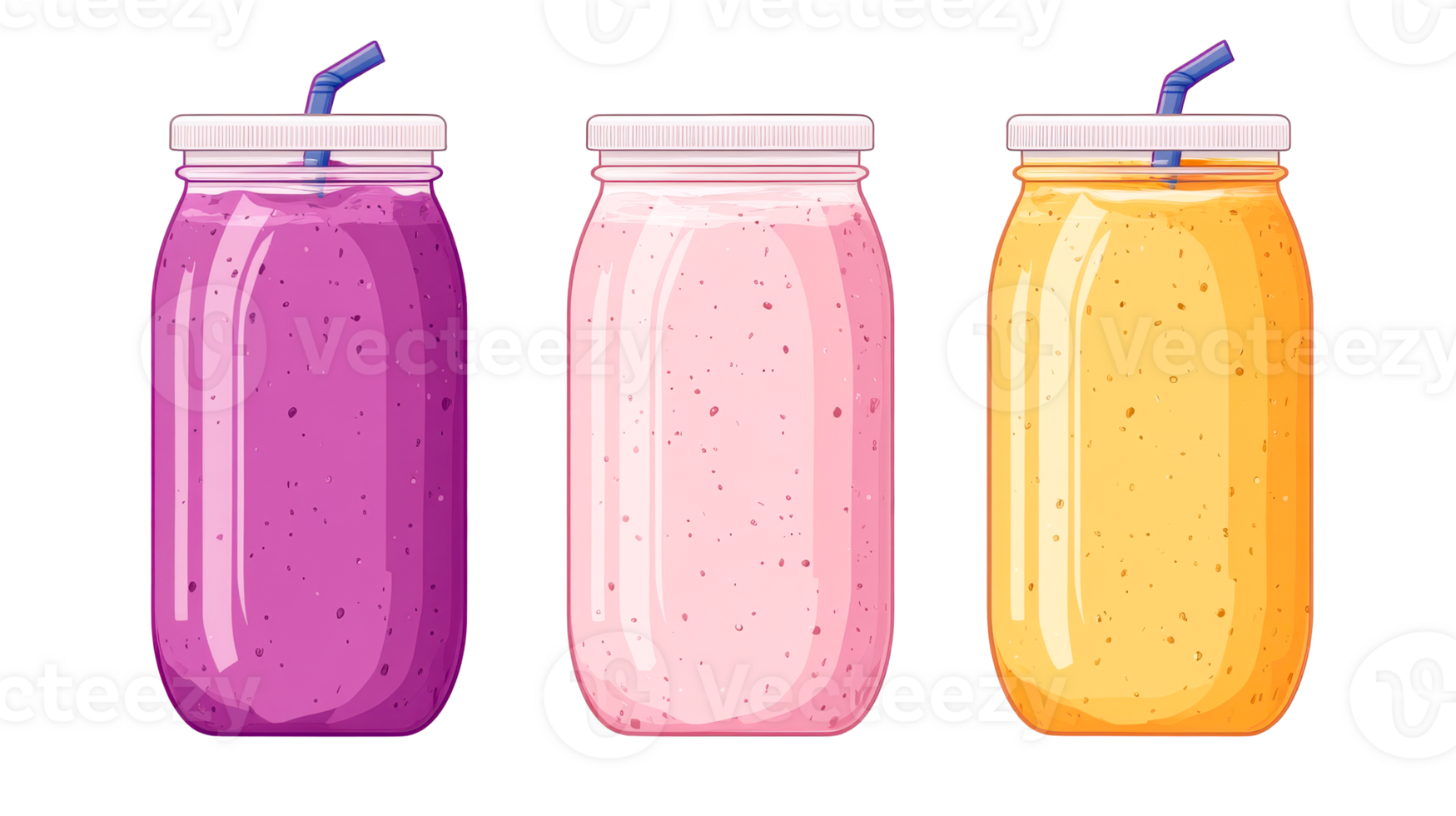 Brightly colored smoothies in jars, healthy drinks, cut out transparent png