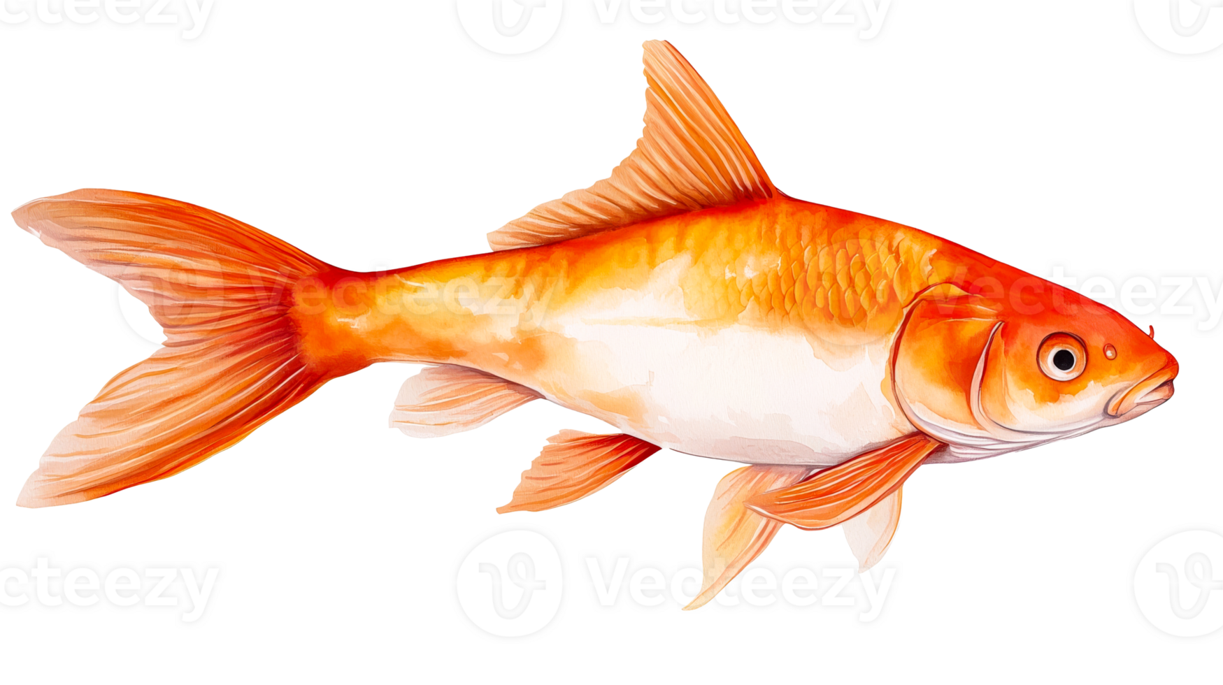 Goldfish illustration with detailed fins, scales, and orange color, cut out transparent png