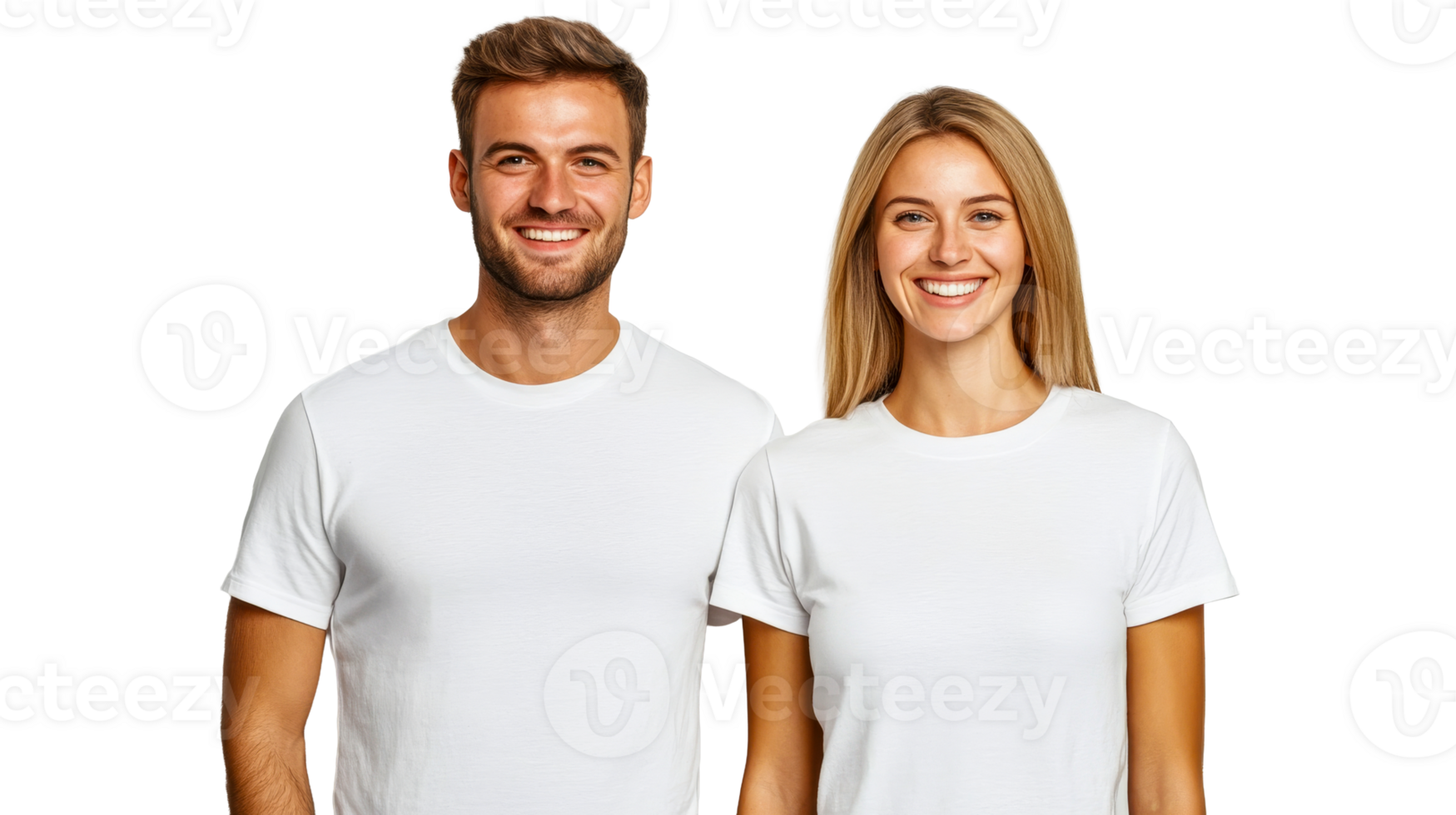 Young smiling man and woman in white t-shirts, studio shot, cut out transparent png