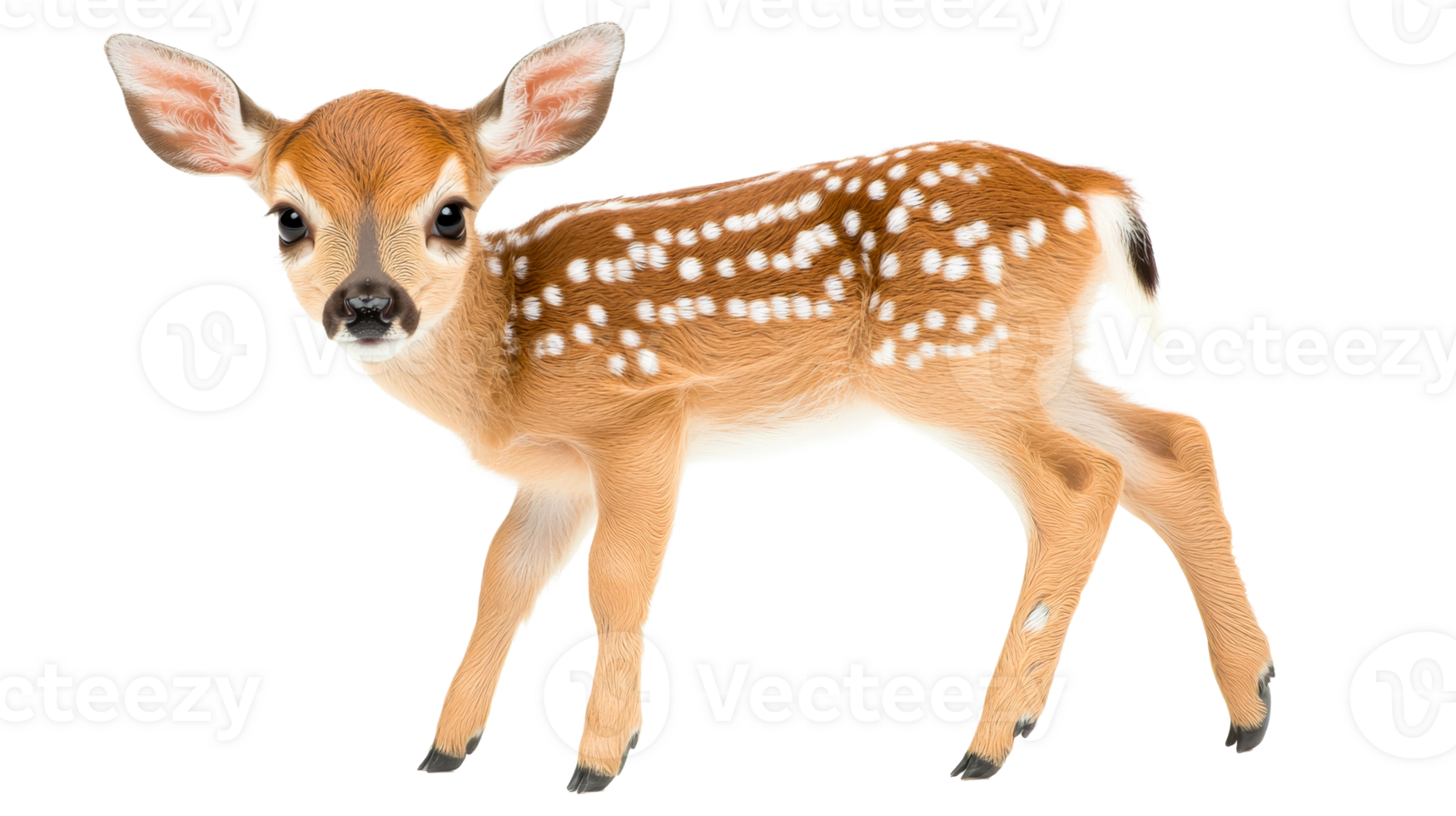 Cute spotted fawn, calf on black background, isolated animal, cut out transparent png