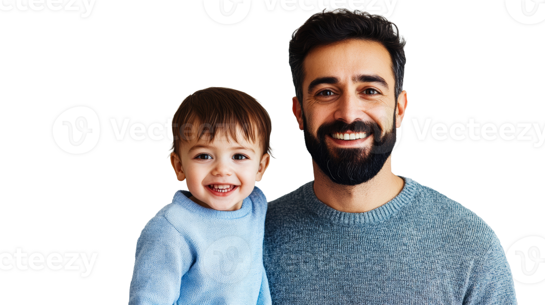 Joyful father and son smiling in a portrait, cut out transparent png