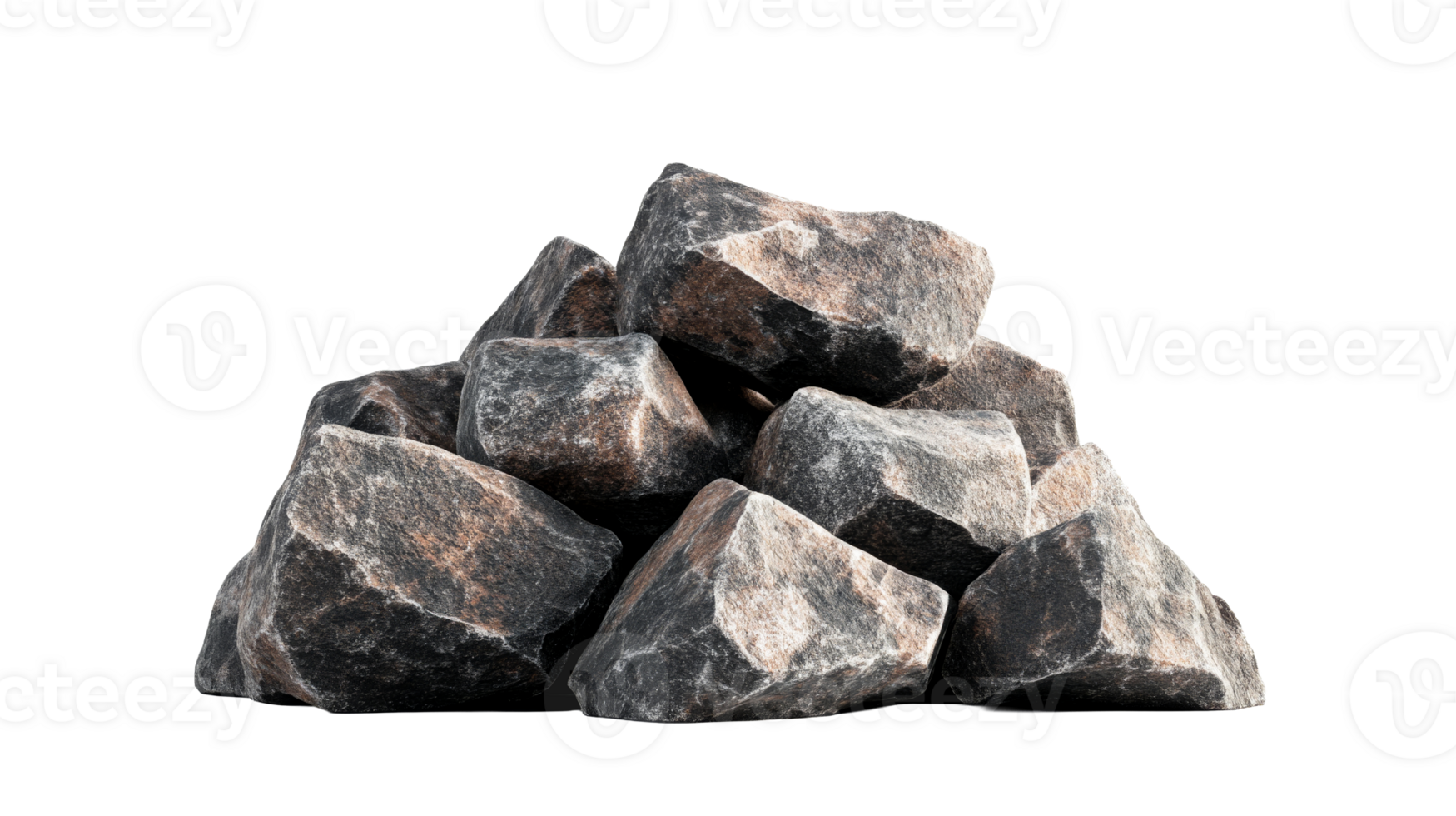 Pile of granite stones with brown hues stacked together, cut out transparent png