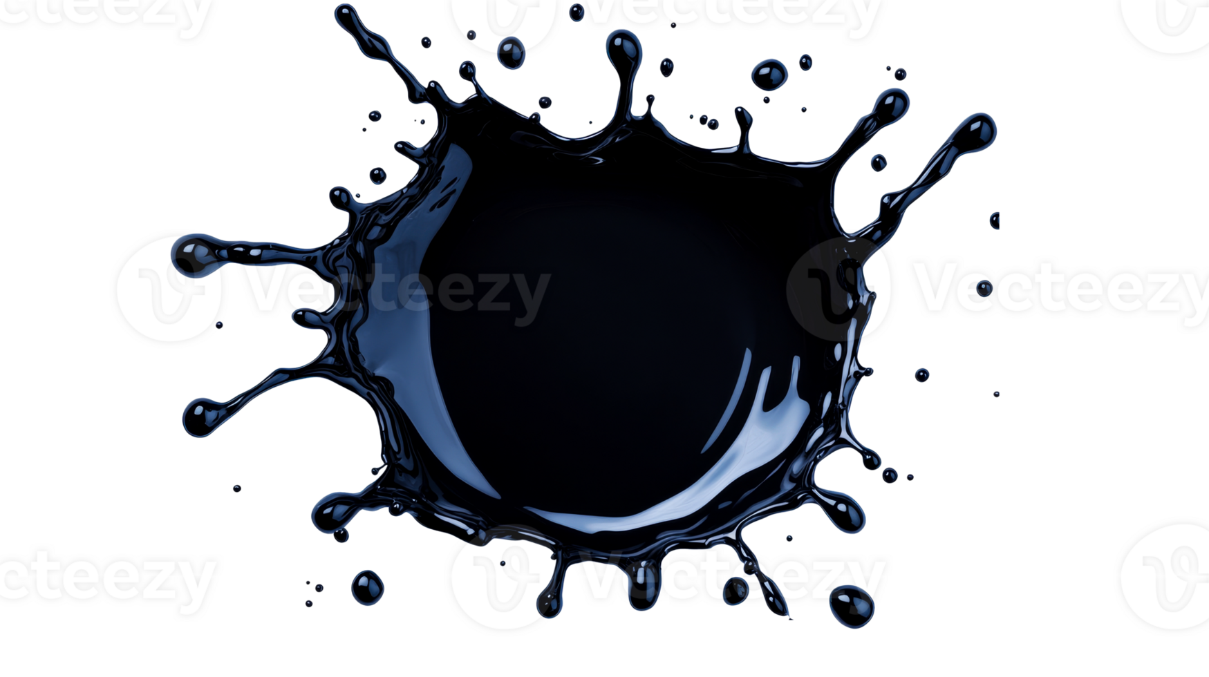 Black liquid splash with droplets on dark background, cut out transparent png