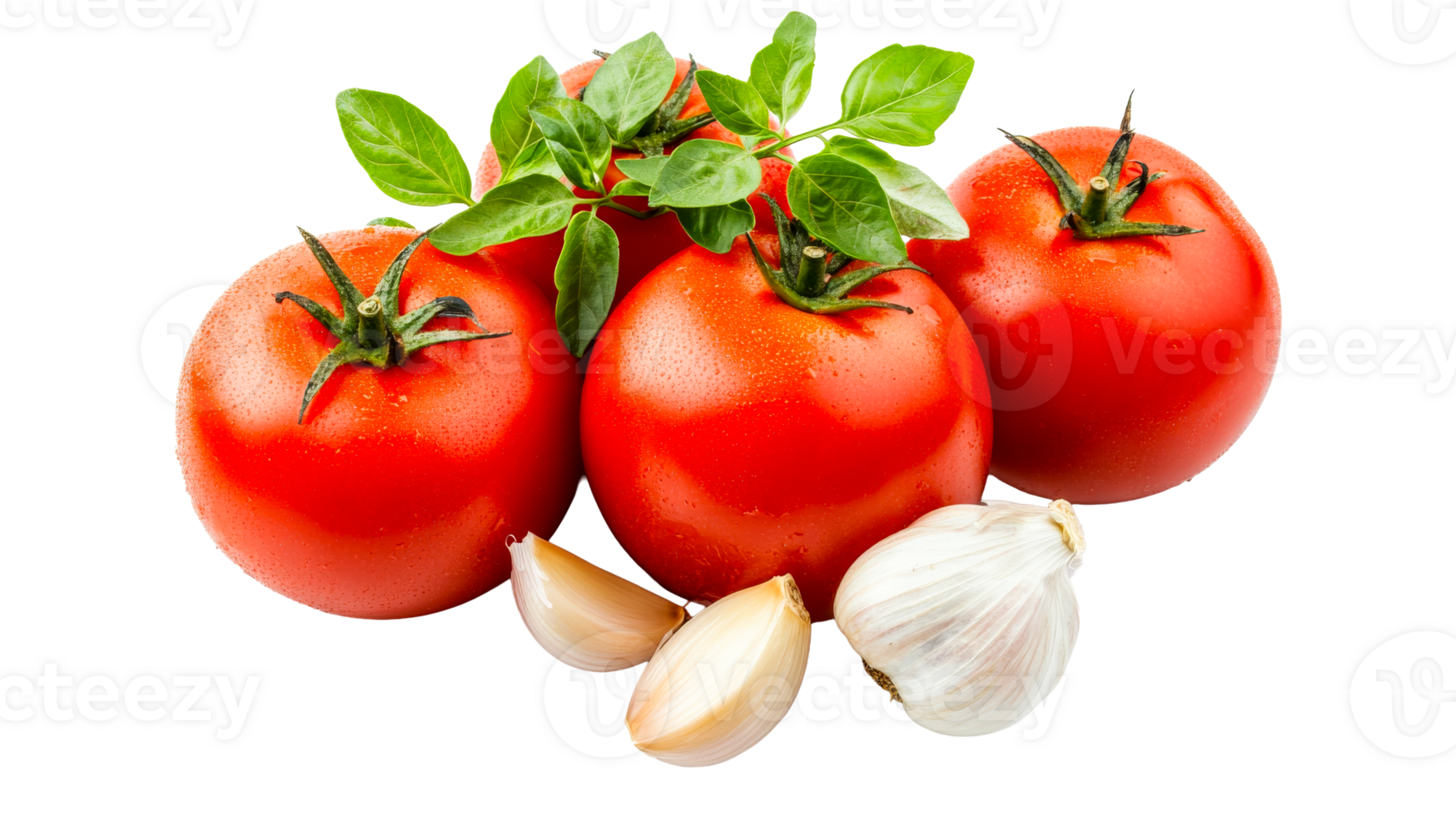 Ripe tomatoes, basil leaves, and garlic cloves, cut out transparent png