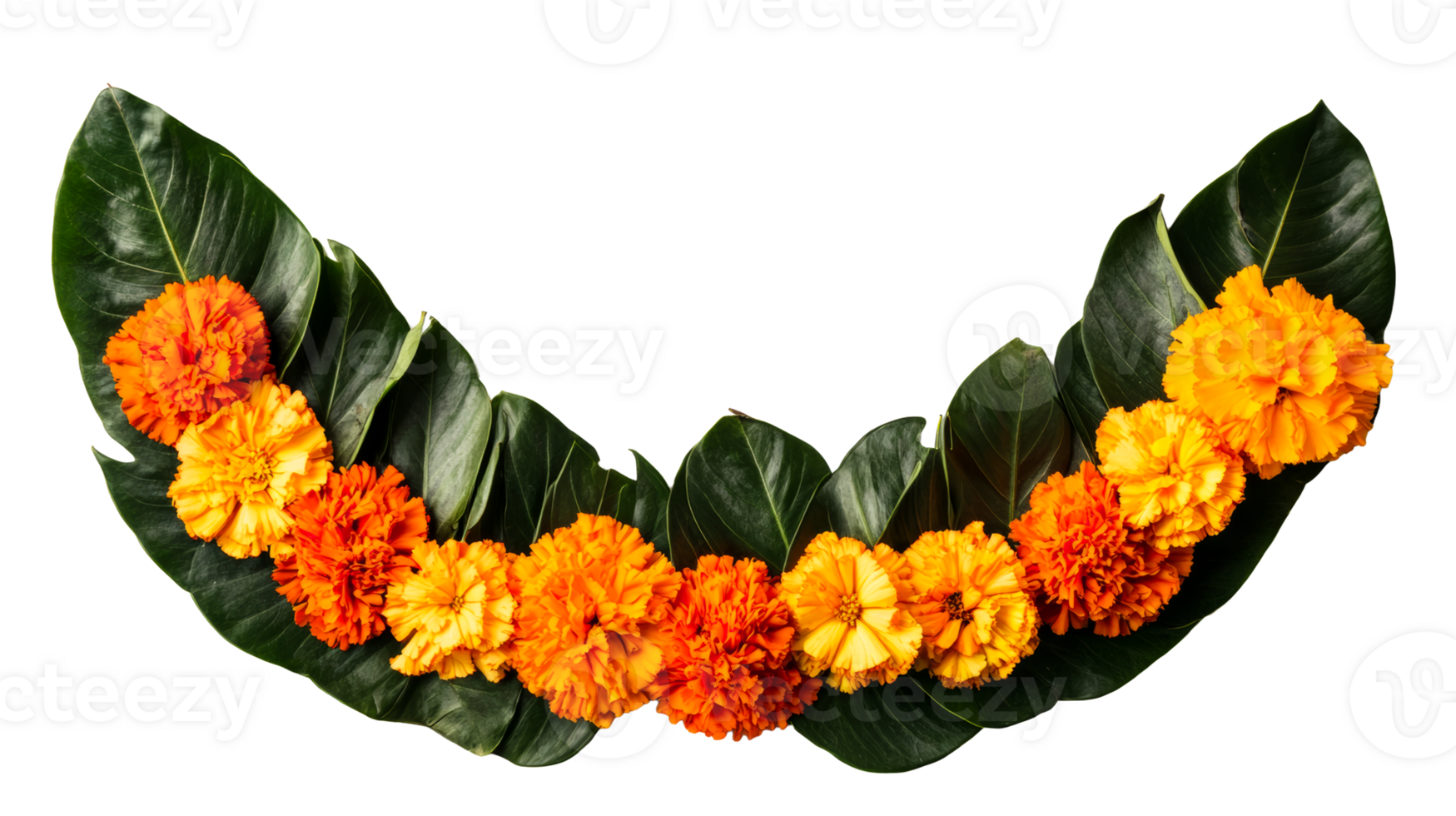 Marigold flower garland arrangement with leaves, cut out transparent png