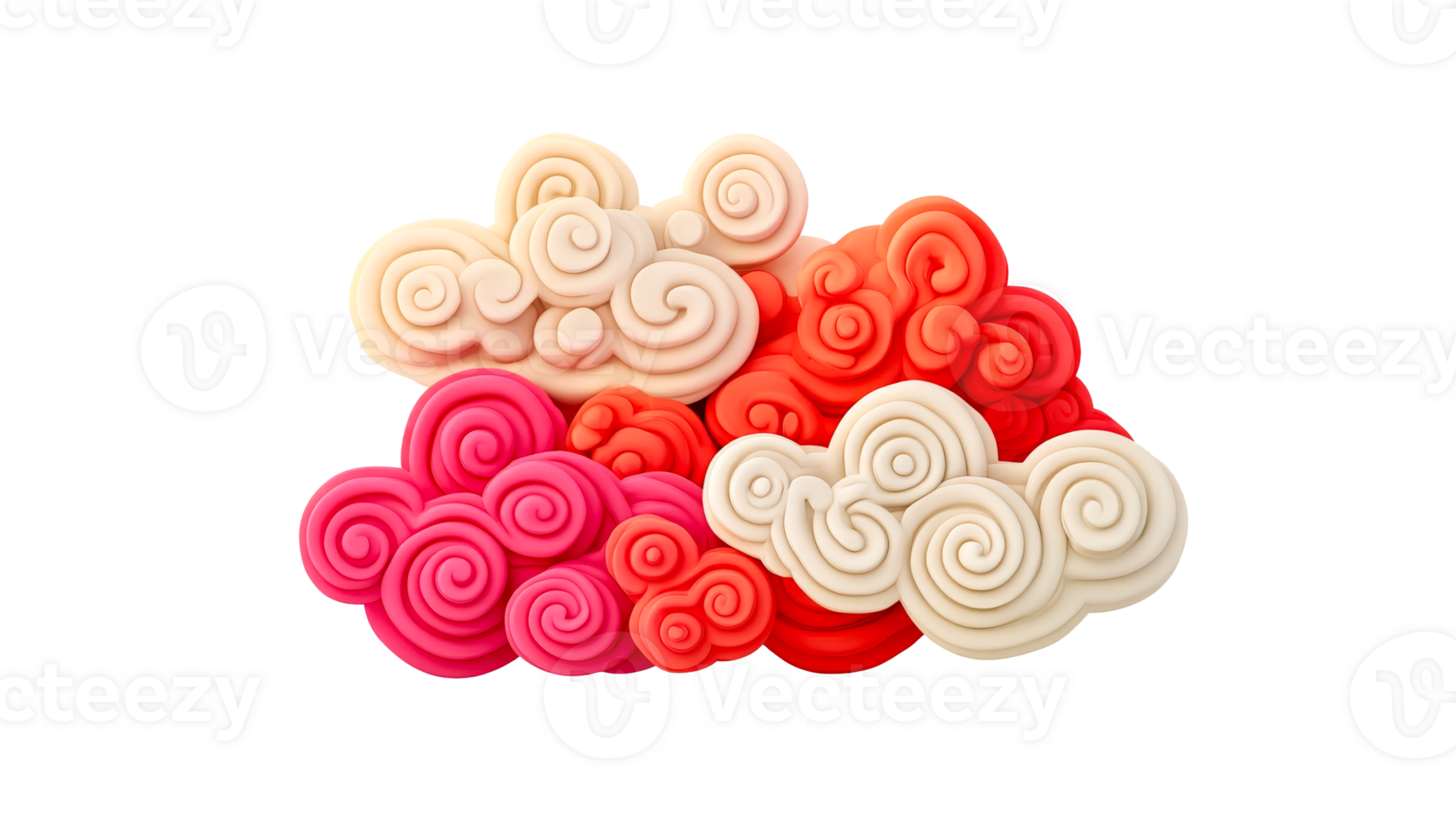 Clay clouds isolated, white, red, pink shades, cute decor, cut out transparent png
