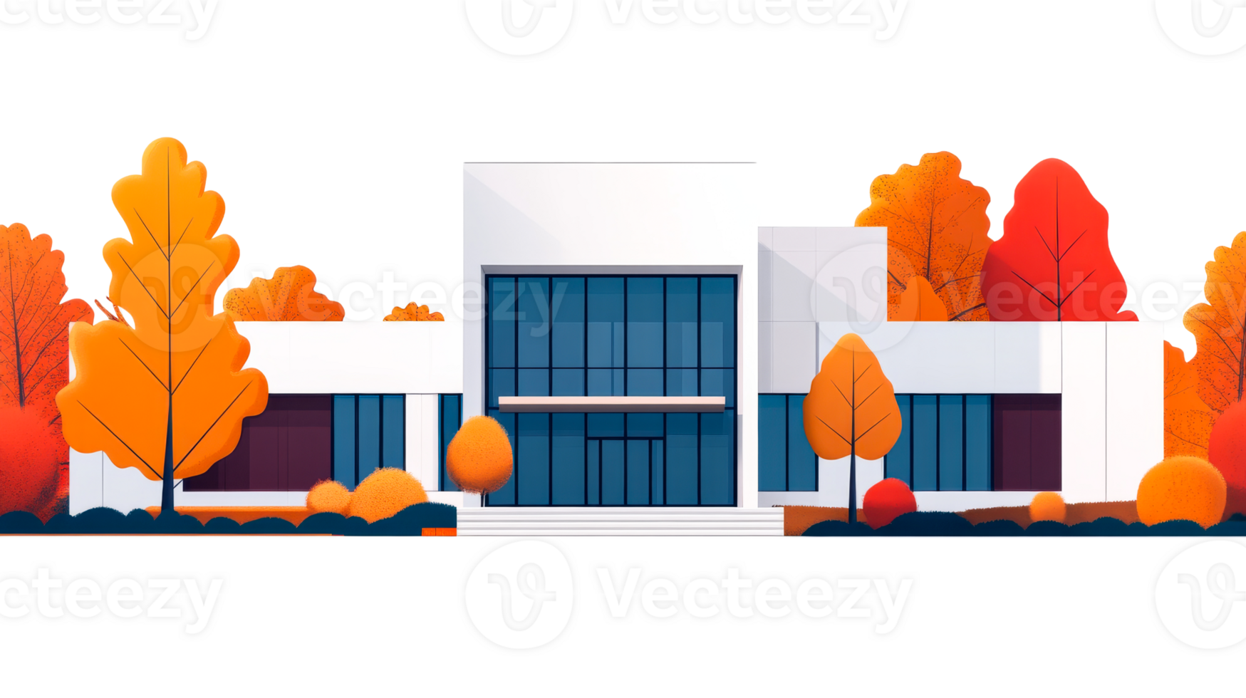 Modern White Building With Autumn Trees, Cut Out Transparent png