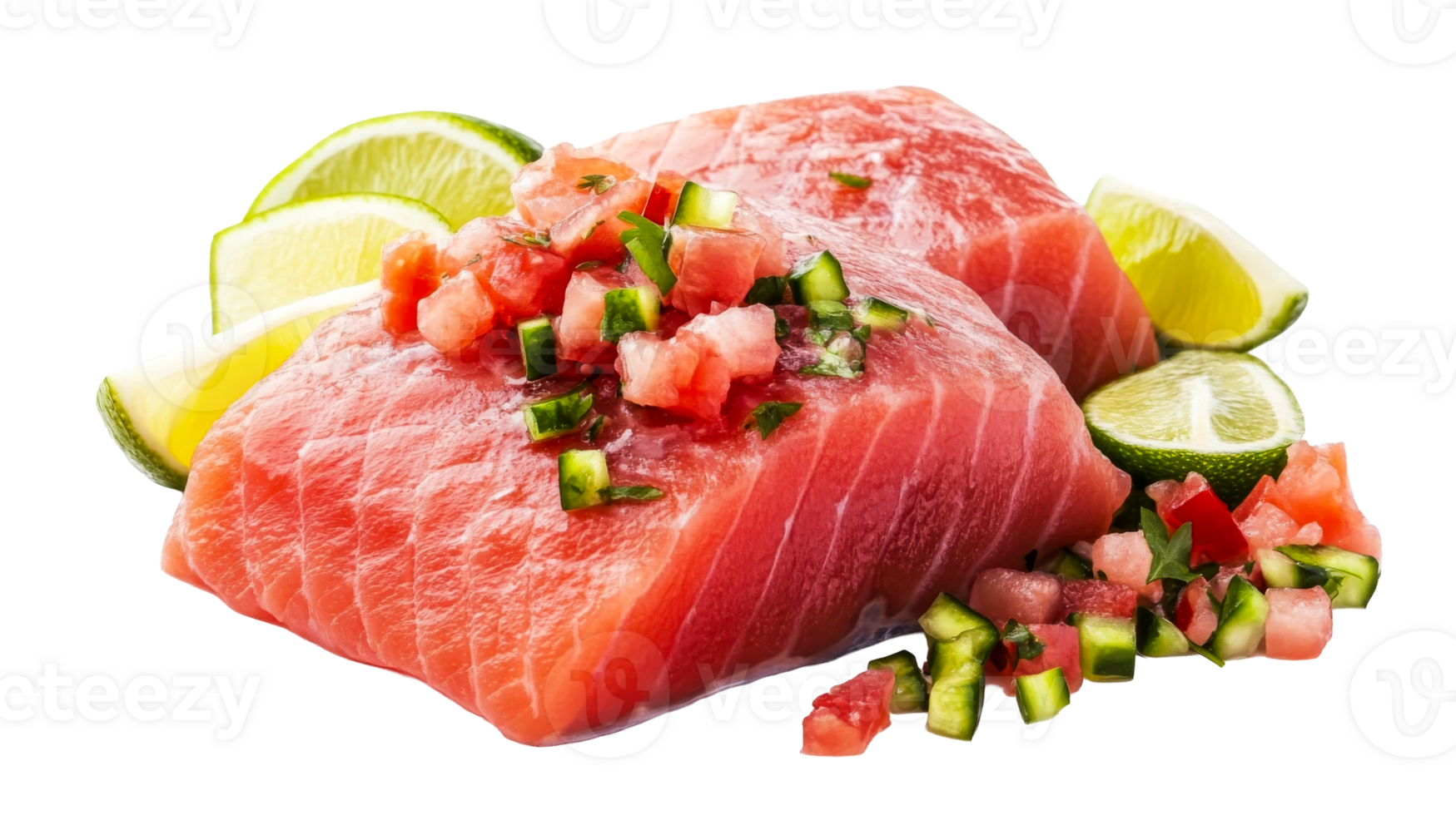 Fresh tuna steak tartare, lime garnish, gourmet appetizer, cut out transparent png
