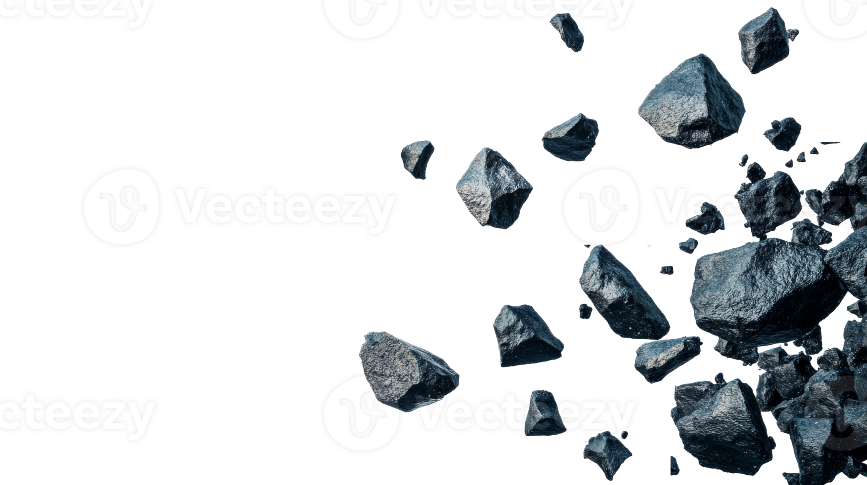 Black metallic rocks are in space, scattered, irregular, cut out transparent png