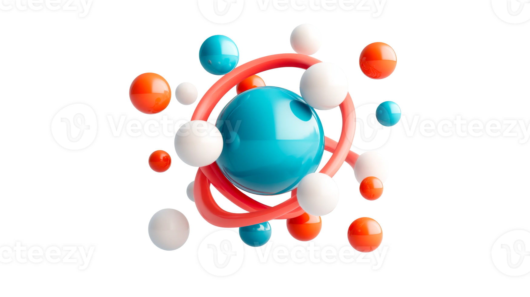 Sphere arrangement with ring in 3D render style on black, cut out transparent png