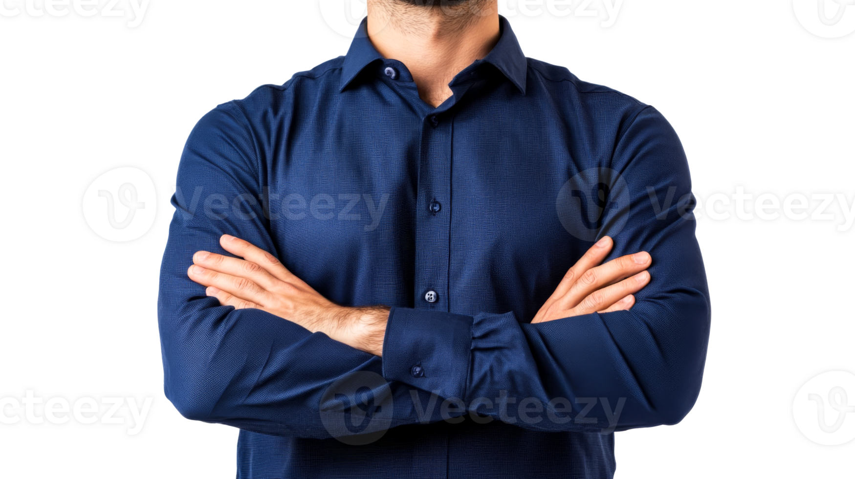 Man in a blue shirt with crossed arms, cut out transparent png