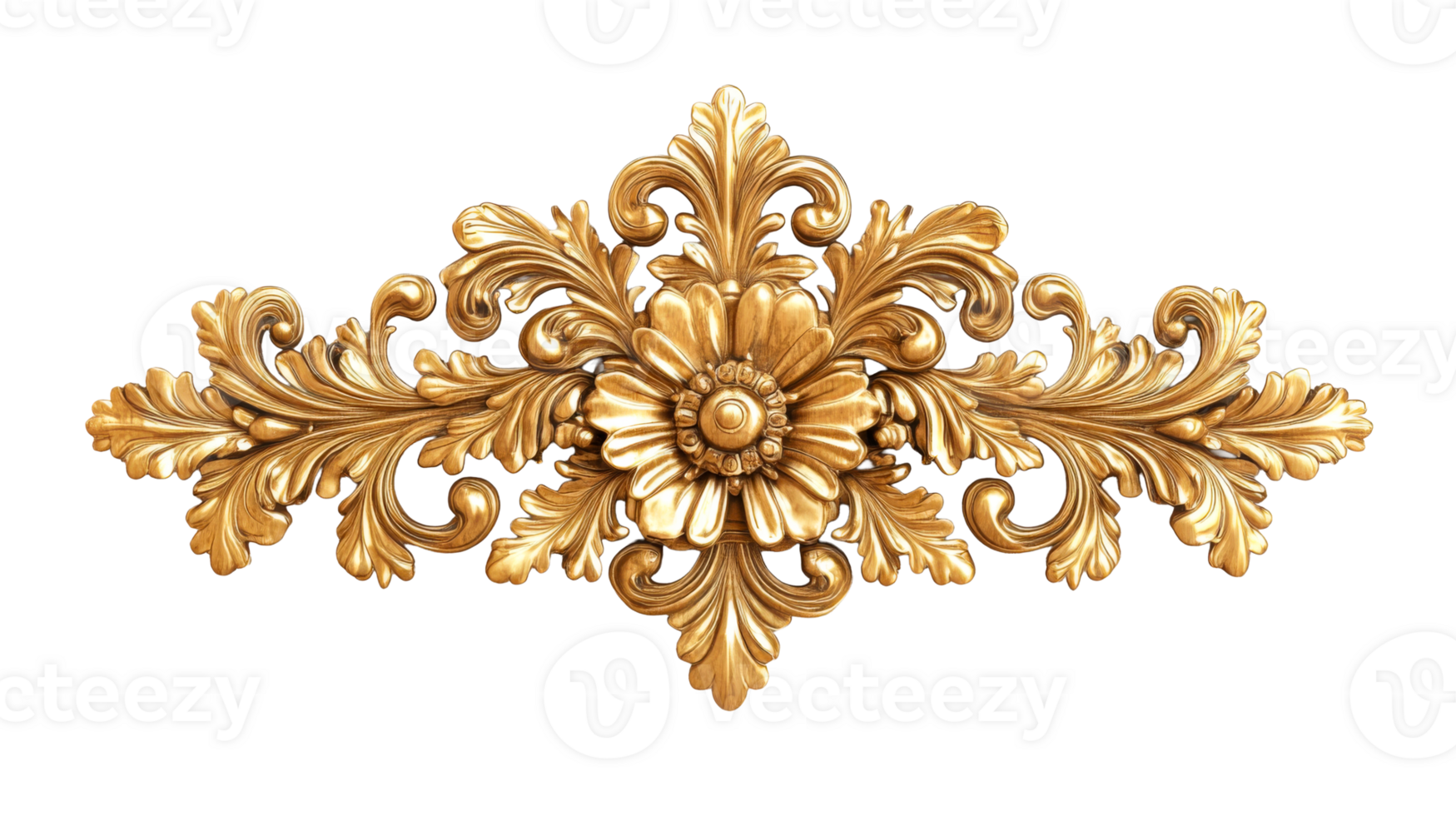 Golden ornamental floral design with intricate details, cut out transparent png