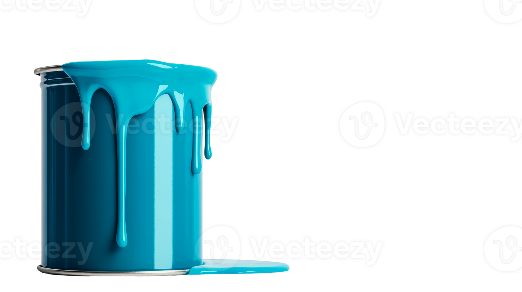 Vivid turquoise paint can with dripping streams, cut out transparent png