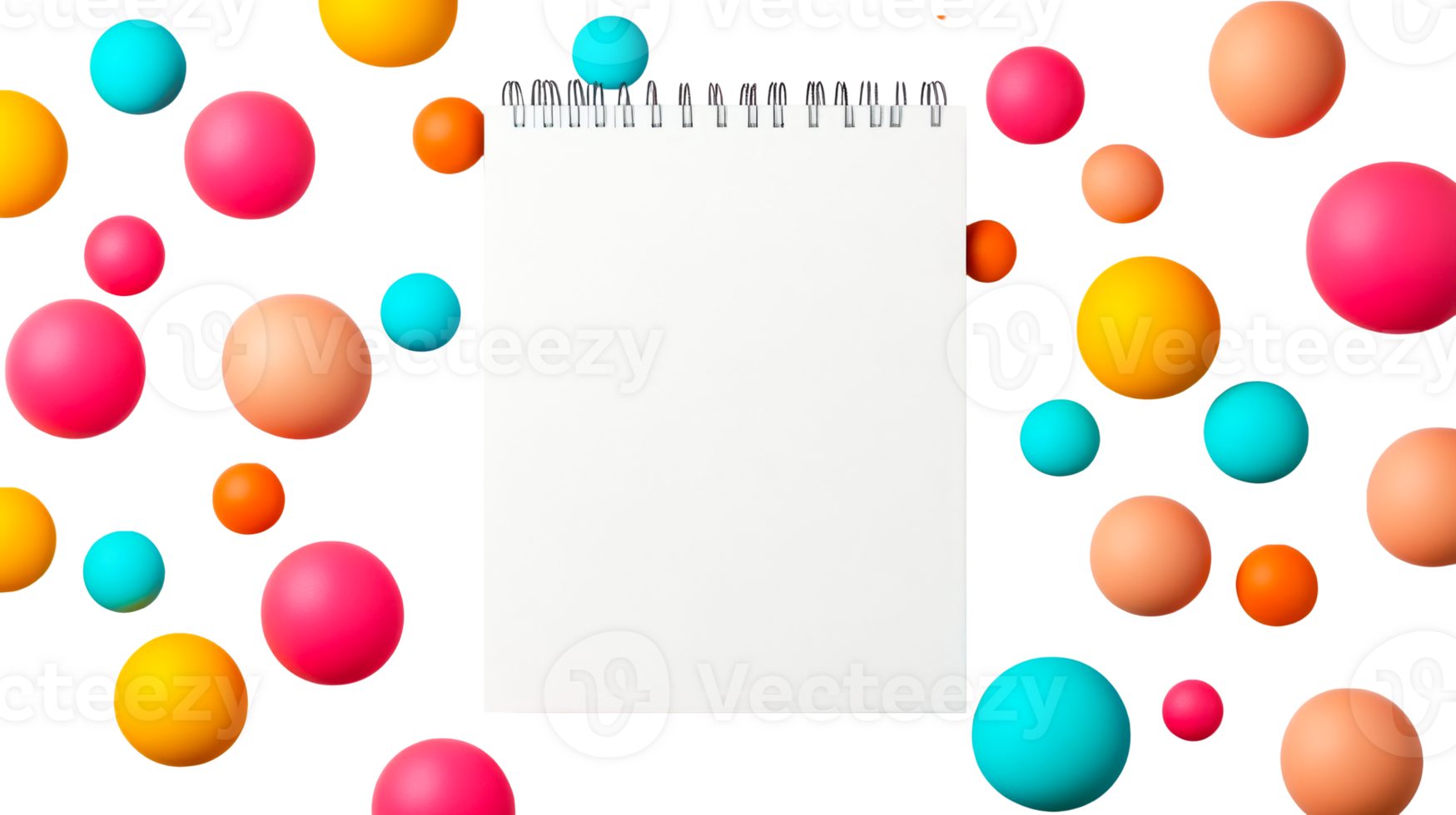 Notepad with colorful balls against black background, cut out transparent png