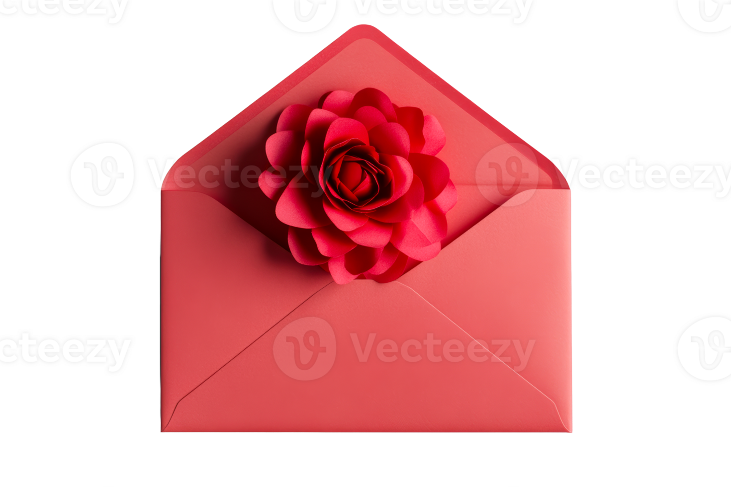 Open coral envelope with flower in the middle, cut out transparent png