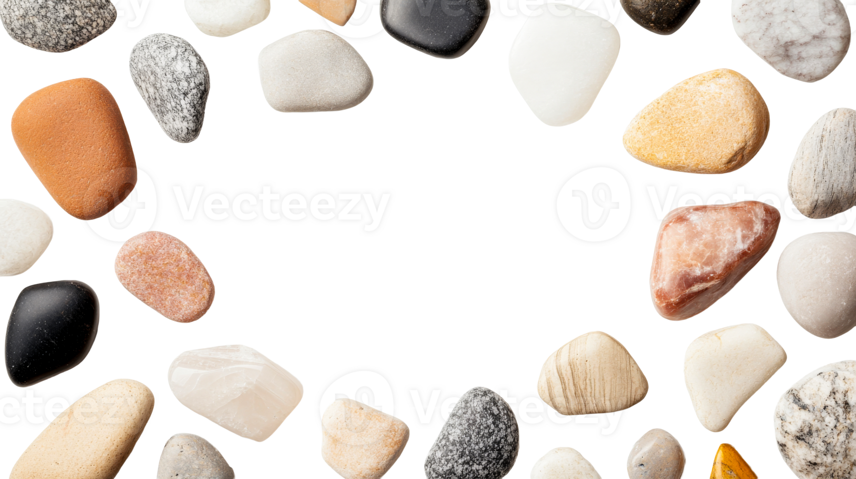 Assorted polished rocks, colorful stones, background on black, cut out transparent png