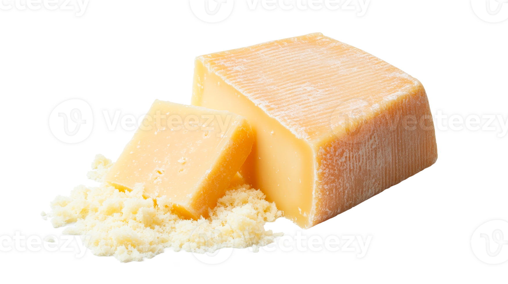 Wedge of aged parmesan cheese, dairy product on black background, cut out transparent png