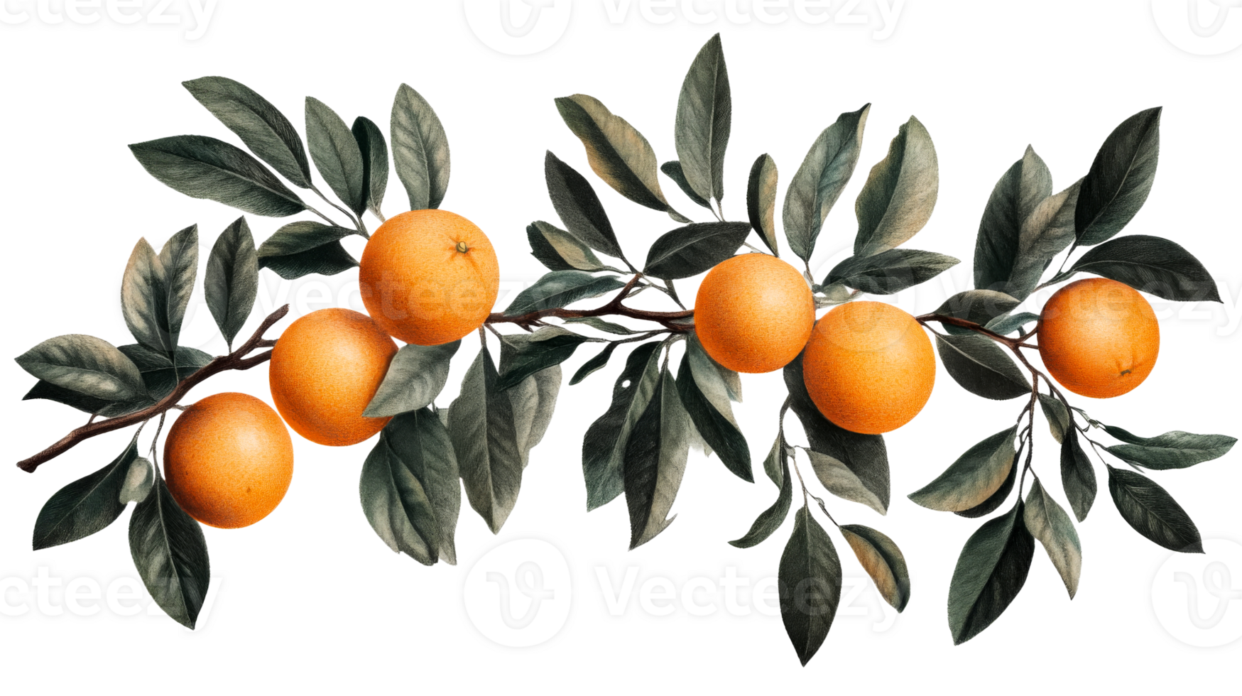 Branch of ripe oranges and leaves, isolated, decorative design element, cut out transparent png