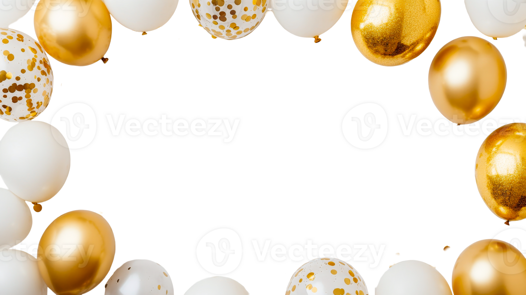 White and golden party balloons frame on black background, cut out transparent png