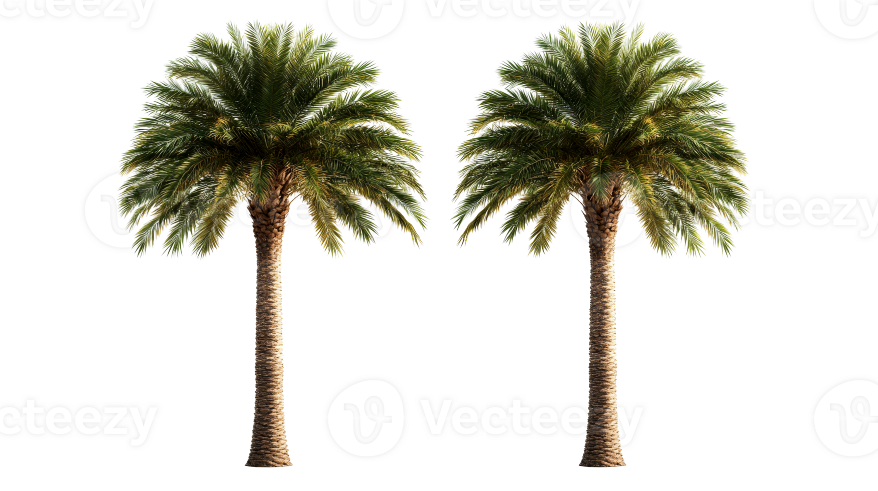 Two palm trees isolated on black background, cut out transparent png