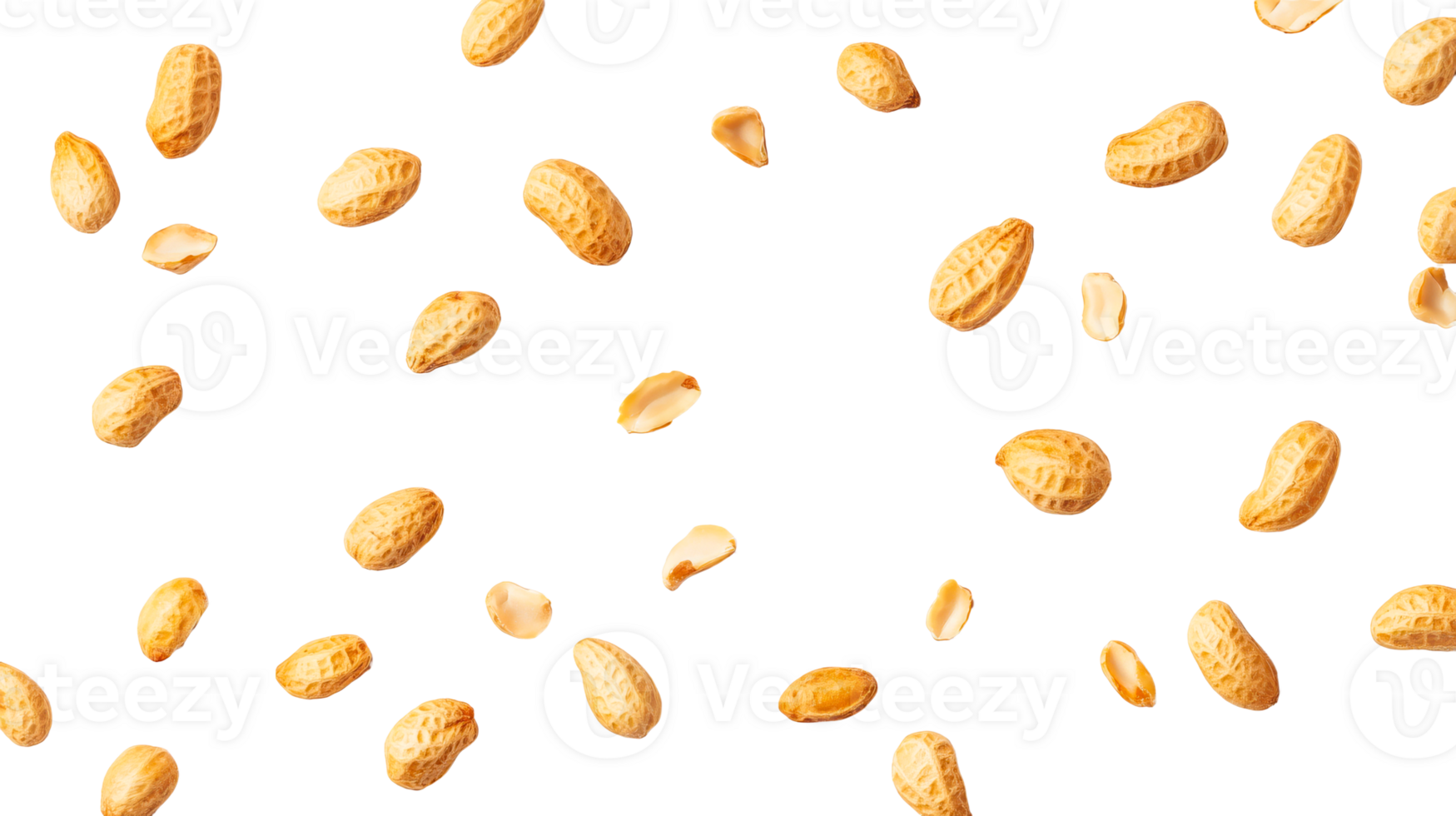 Falling peanuts background, peeled, salted, roasted, isolated, cut out transparent png