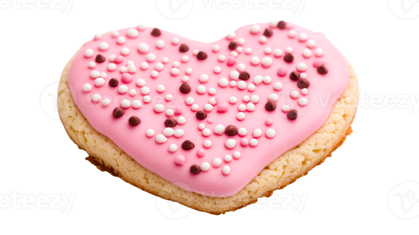 Heart shaped cookie with pink icing and sprinkles on black, cut out transparent png