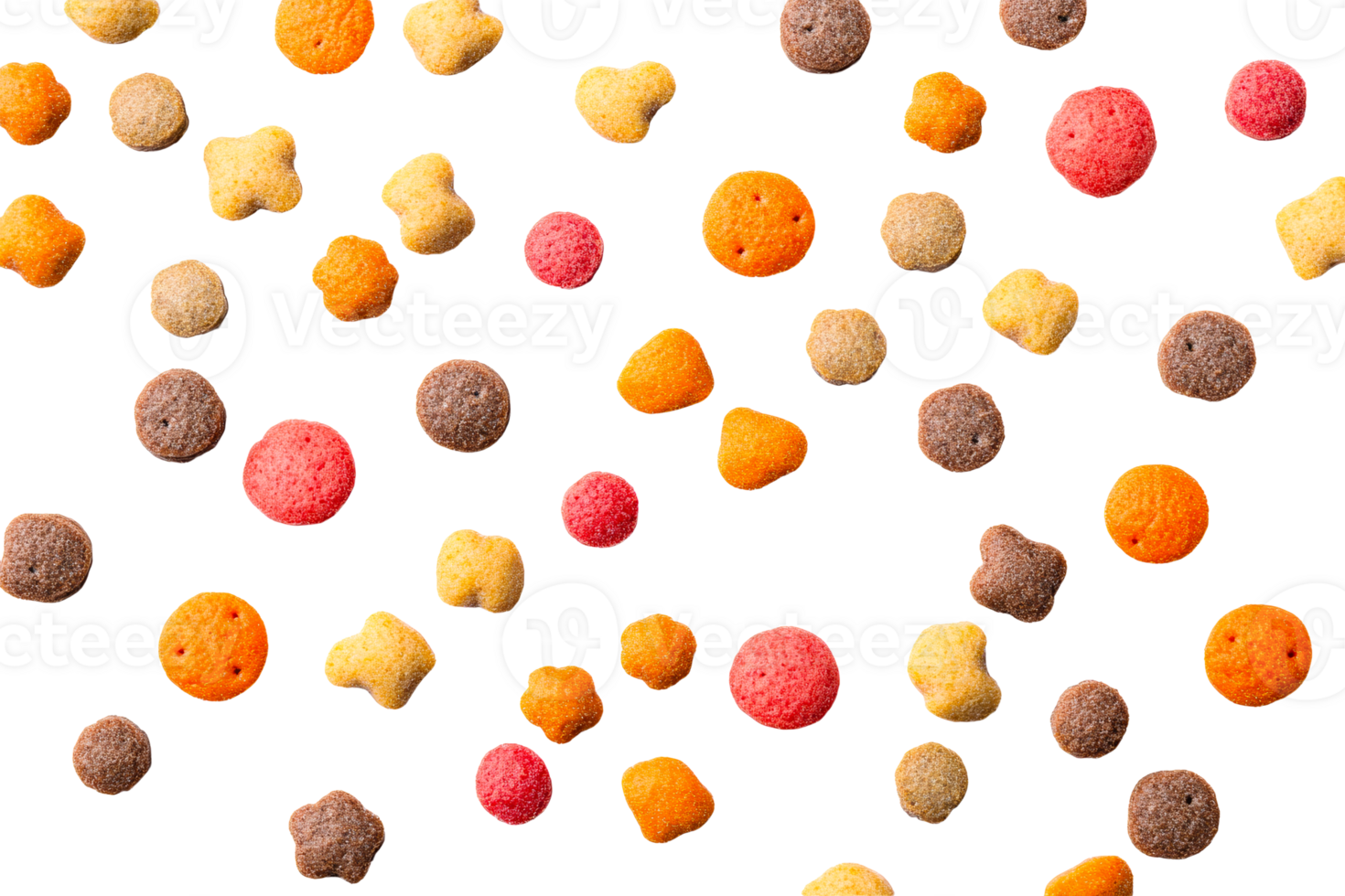 Assorted colorful dry pet food pattern on black background, cut out transparent png