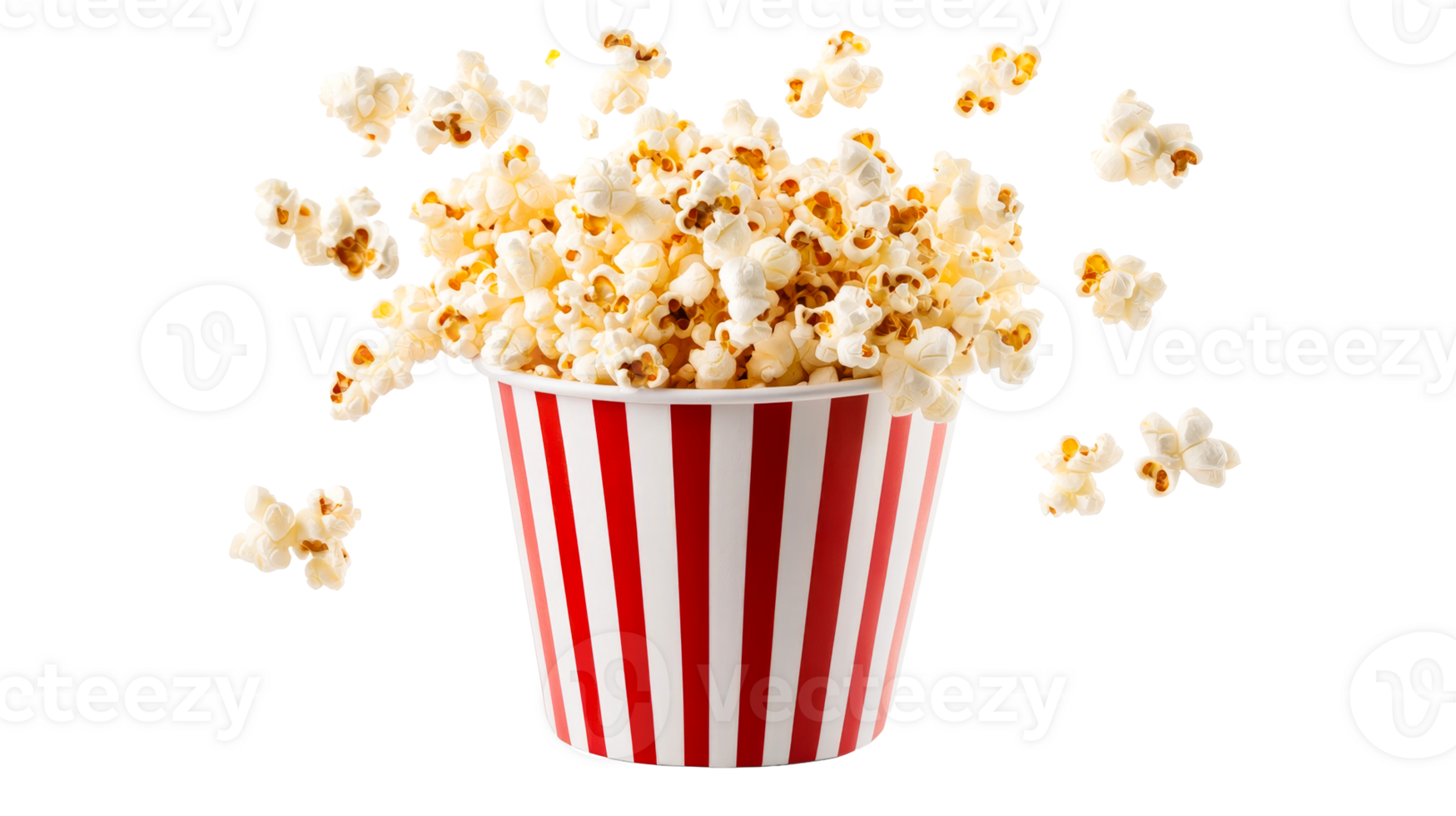 Popcorn bucket, overflowing snack, red, white stripes, floating, cut out transparent png