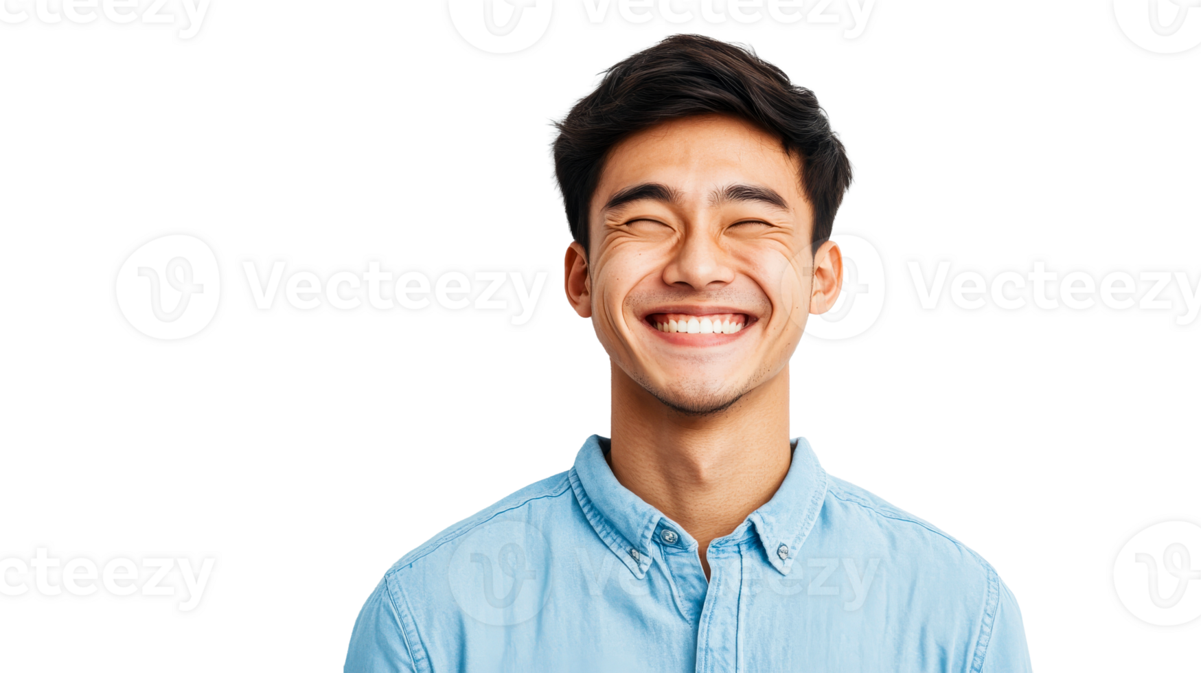 Asian man smiles, wearing blue shirt, portrait against black background, cut out transparent png