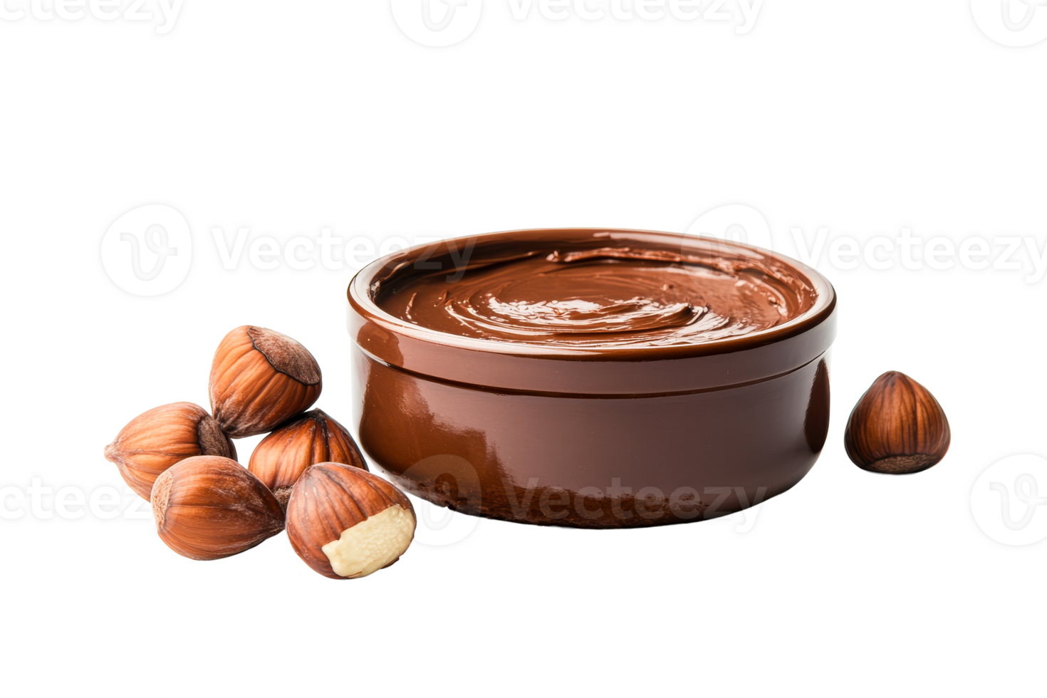 Hazelnut spread in a bowl with nuts nearby, brown creamy color, cut out transparent png