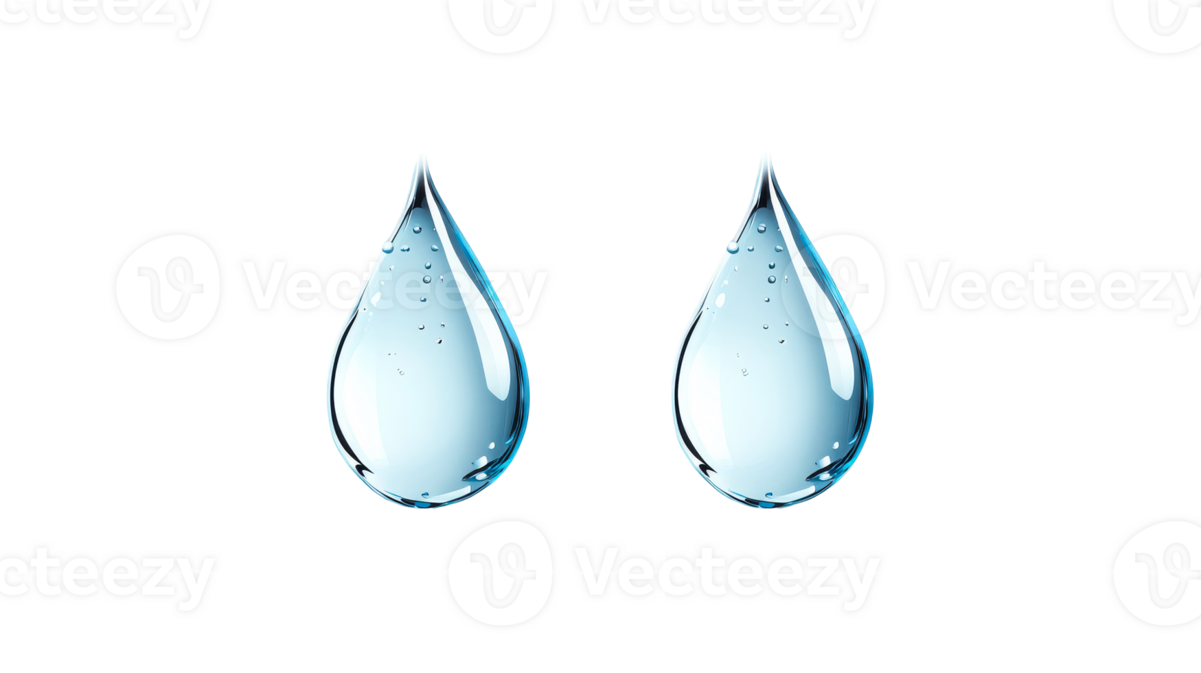 Two water droplets isolated on black background, cut out transparent png