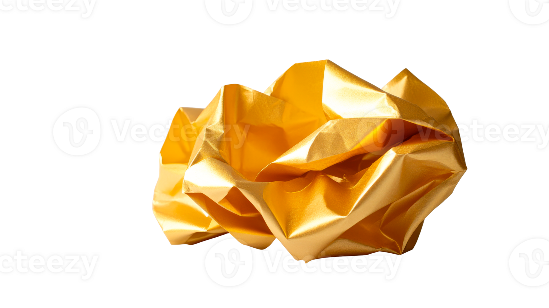 Golden texture in crumpled form, metallic structure on black background, cut out transparent png