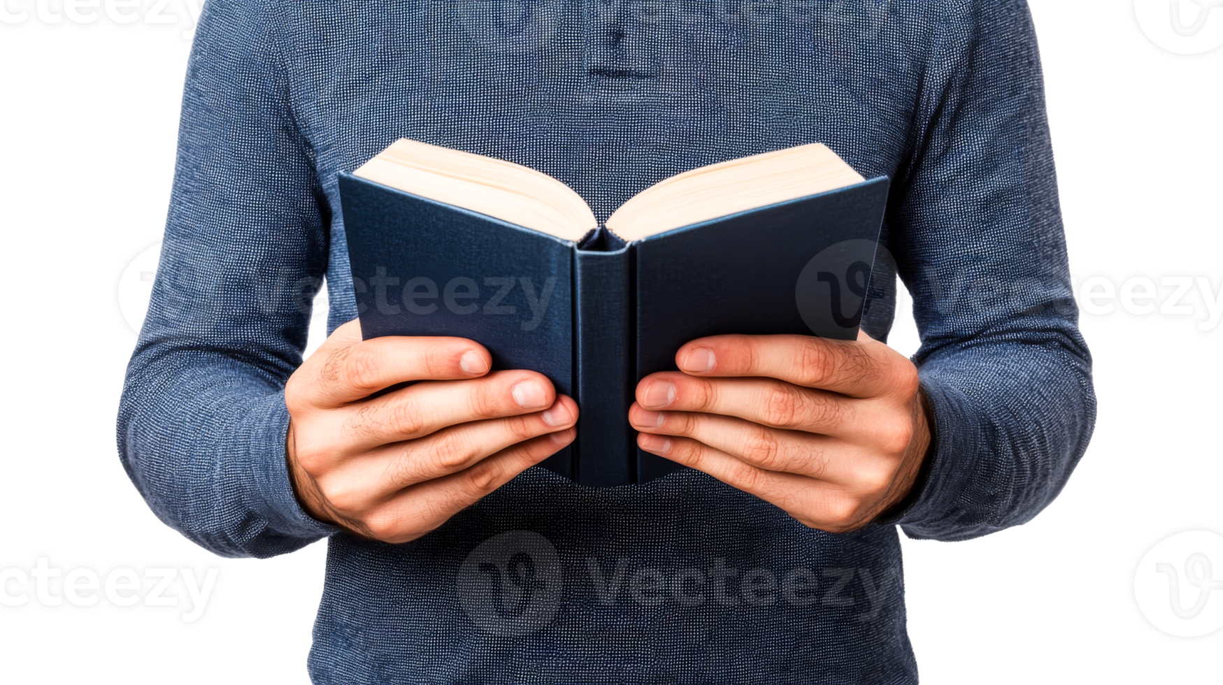 Man holding open book in hands isolated on black, cut out transparent png