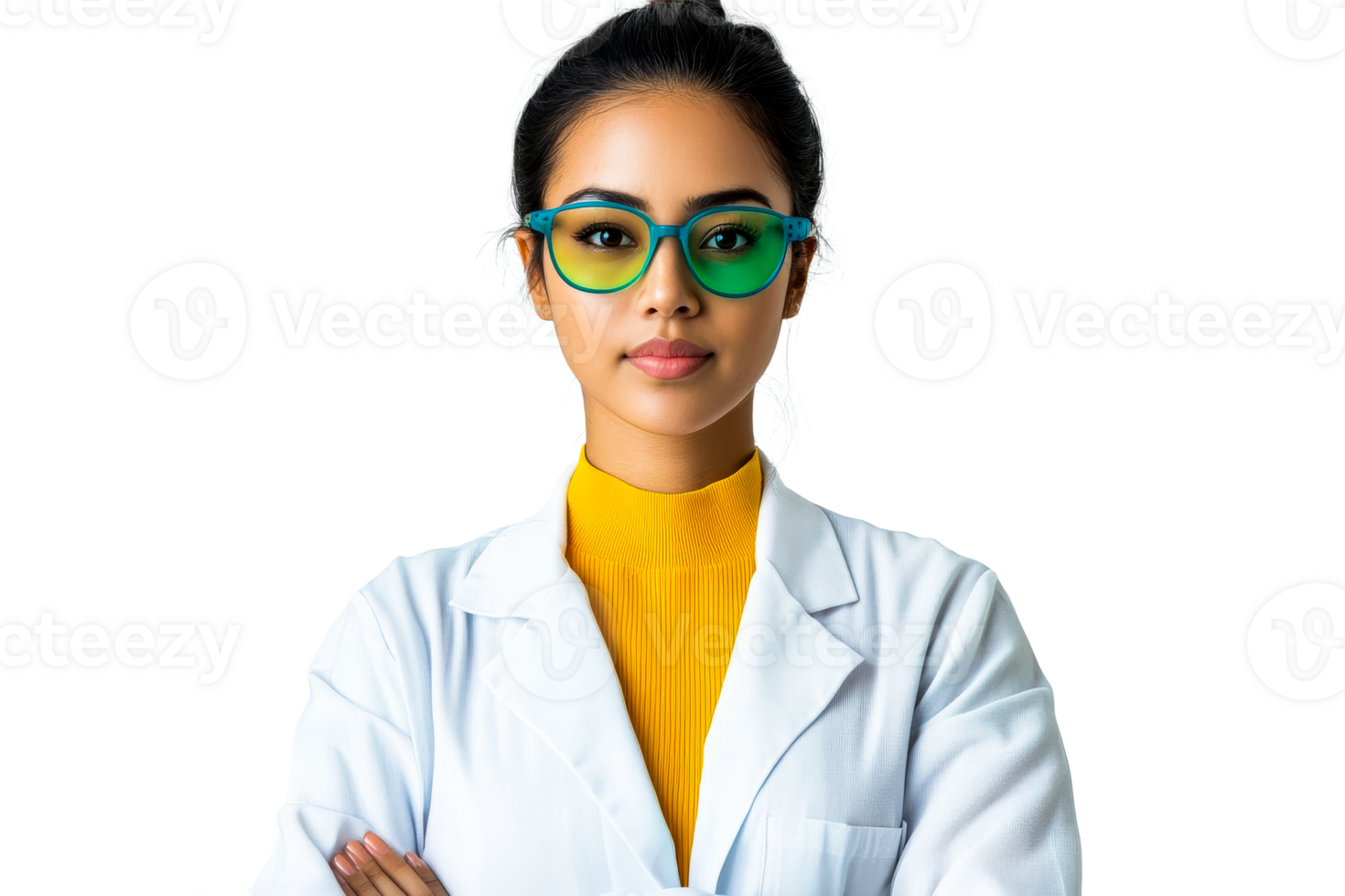 Female doctor with colored glasses looks at camera, cut out transparent png