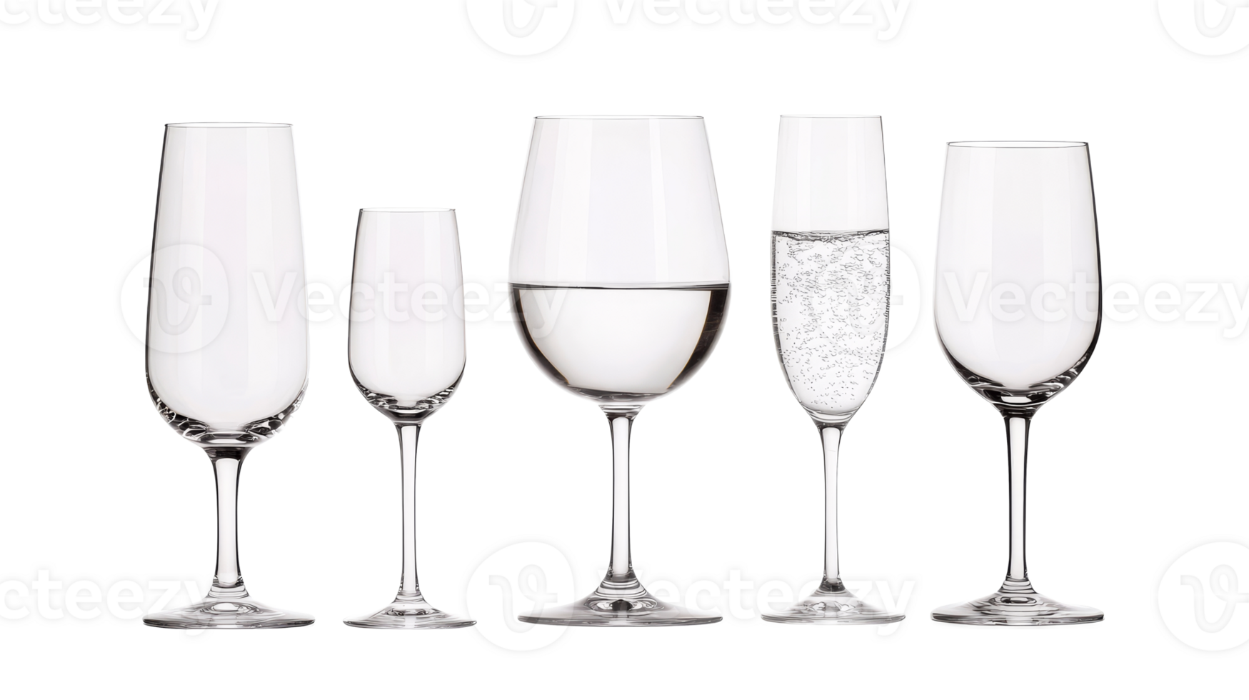 Five champagne glasses, different shapes and contents, cut out transparent png