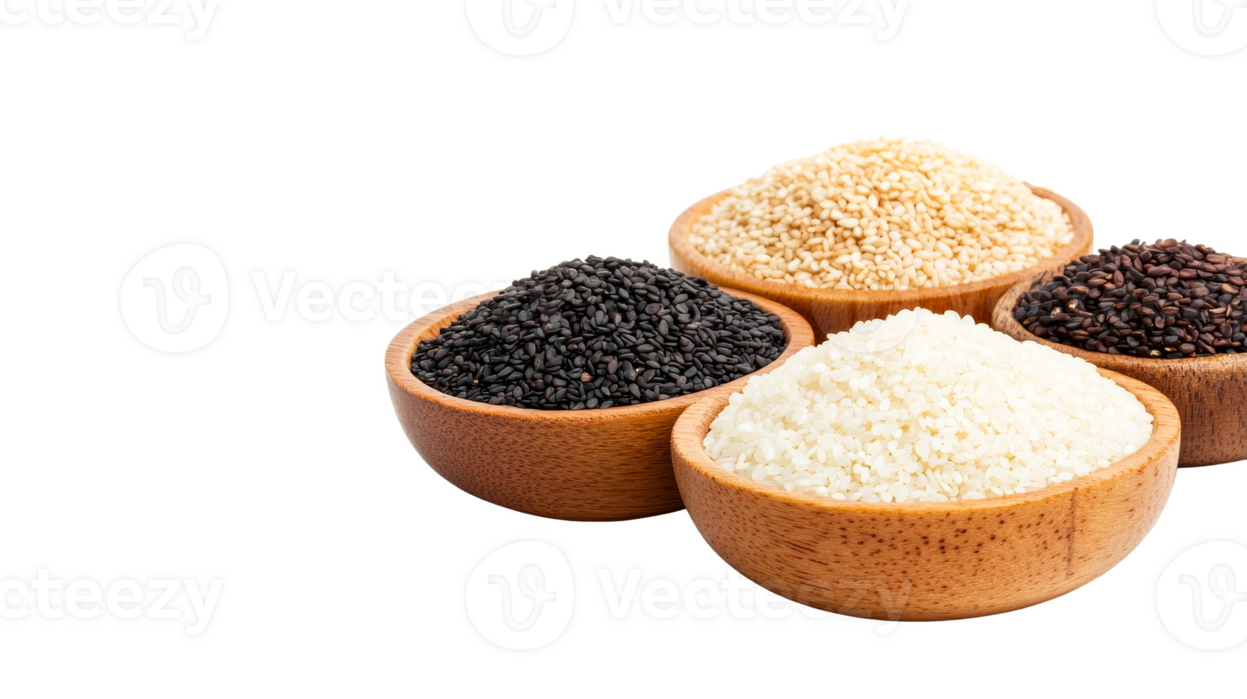 Diverse Sesame Seeds in Wooden Bowls, Variety of Colors, cut out transparent png