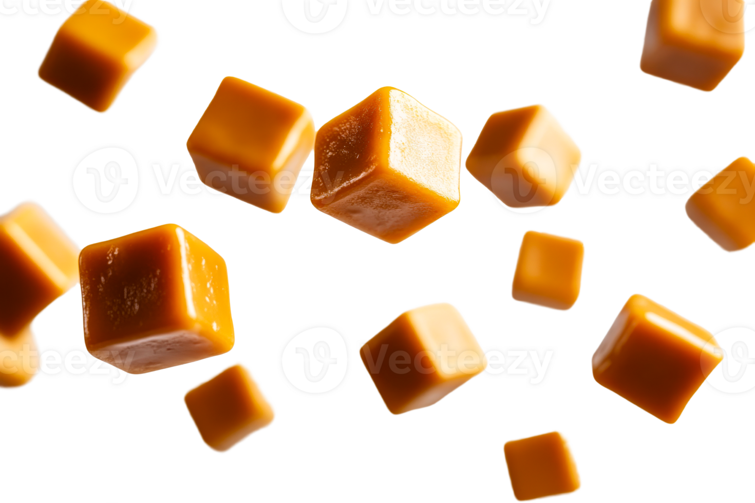 Delicious caramel candies levitating in space on black, cut out transparent png