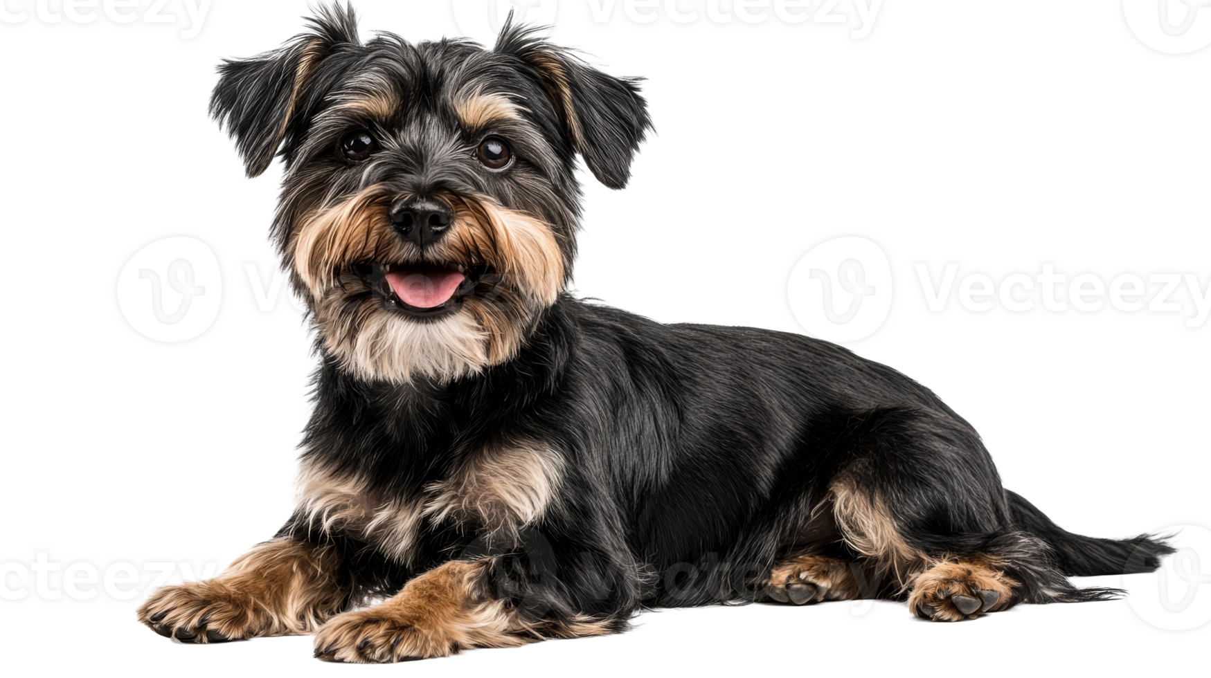 A cute black and tan terrier dog lying down, cut out transparent png