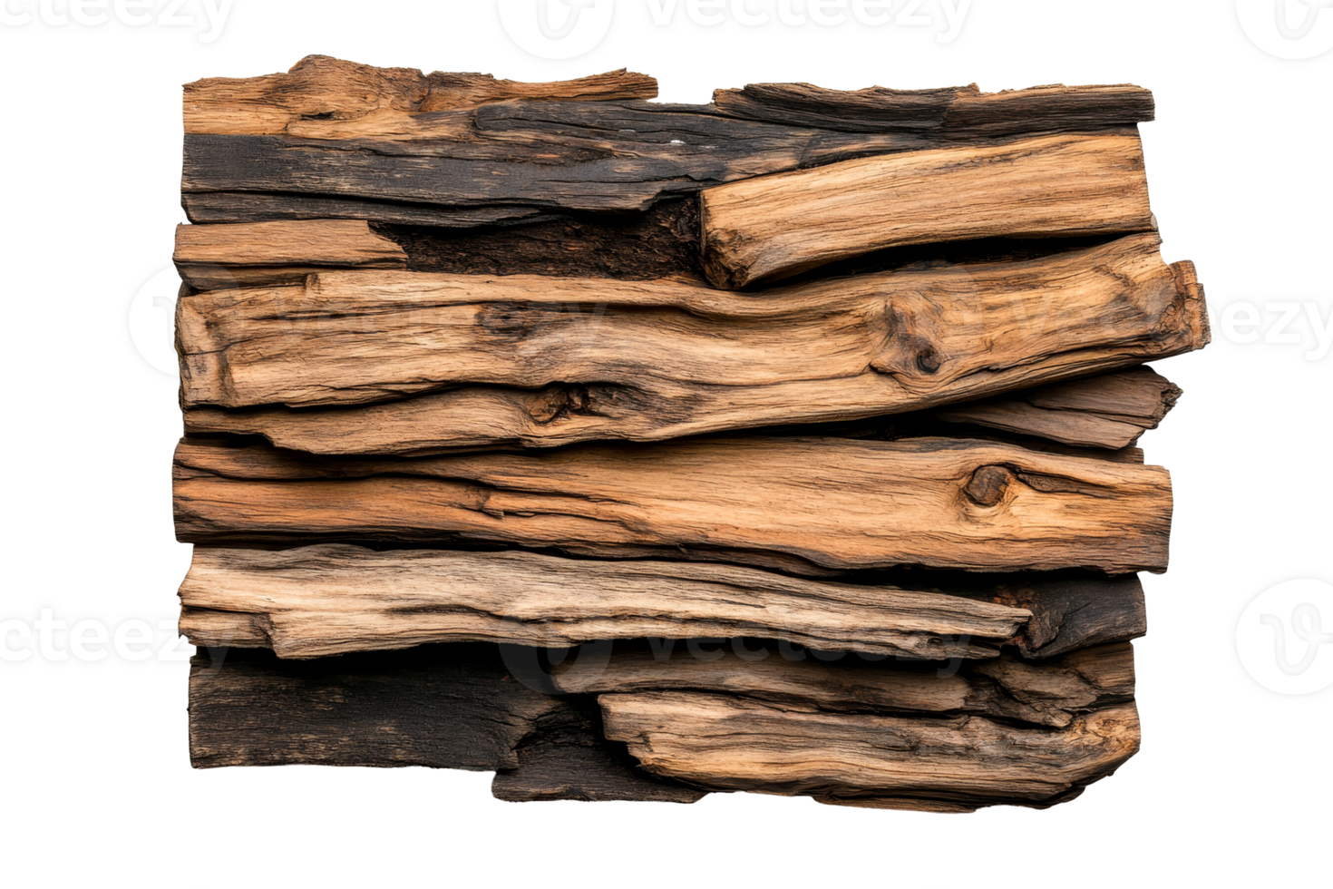Stacked oak wood planks showing knots and texture, cut out transparent png