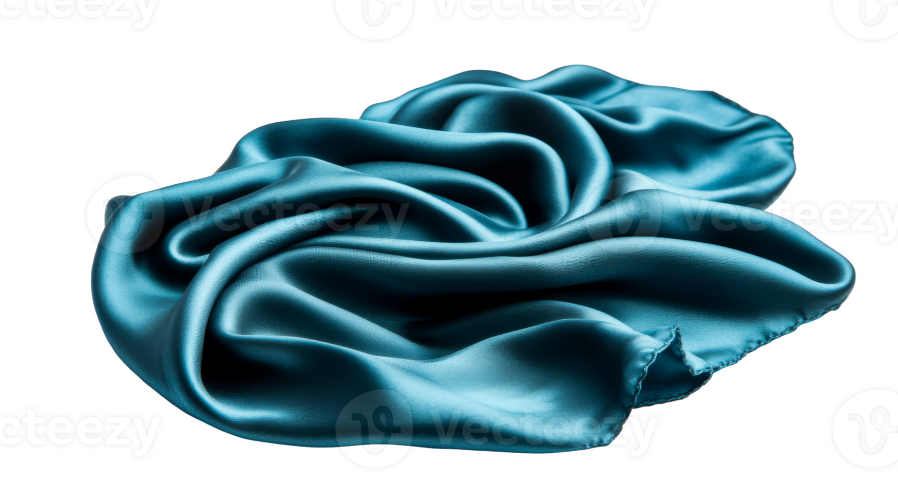 Luxurious, draped turquoise silk fabric texture with soft folds, cut out transparent png