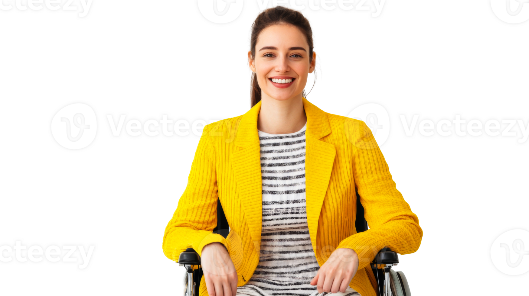 Confident young woman in yellow blazer smiles on black backdrop, cut out transparent png