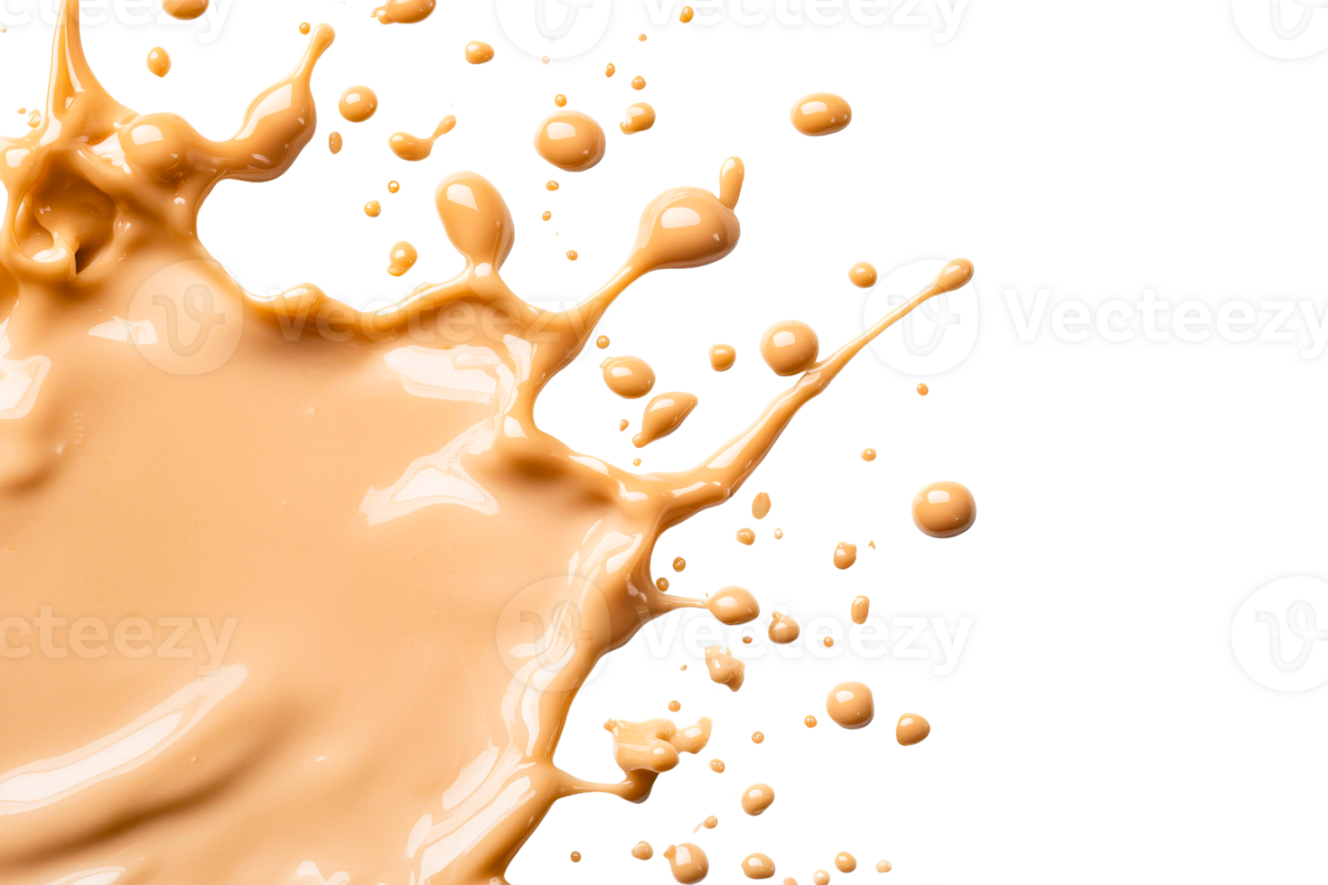 Beige liquid splash with drops on black background, cut out transparent png