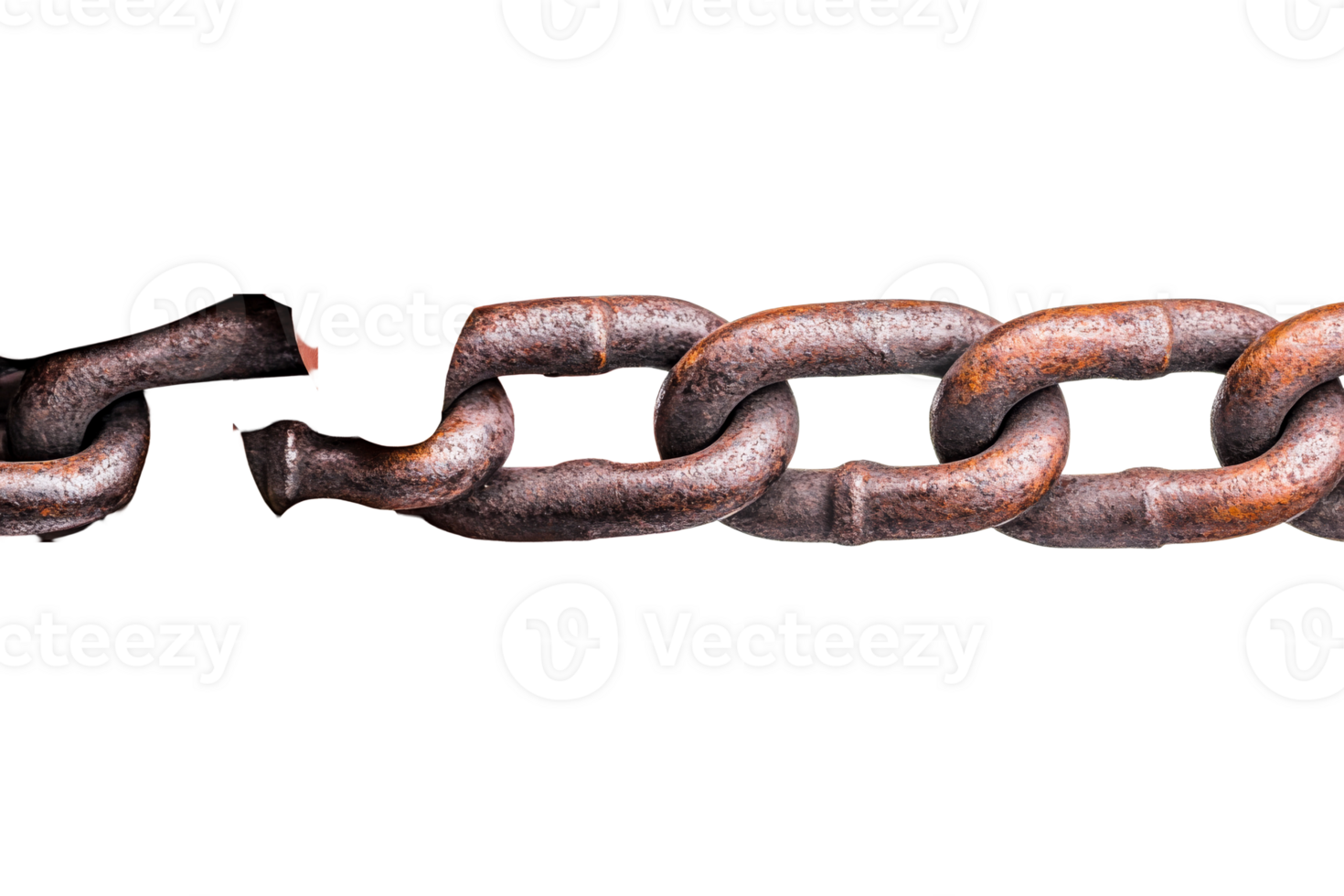 Broken rusty chain isolated on black background, cut out transparent png
