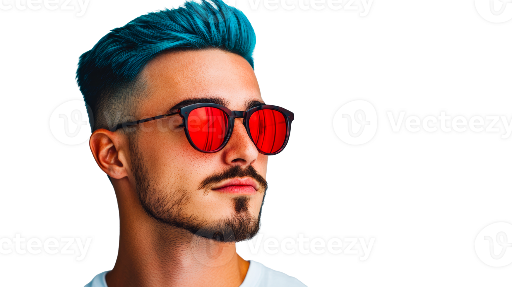 Pensive stylish man, red glasses, bright hair, cut out transparent png