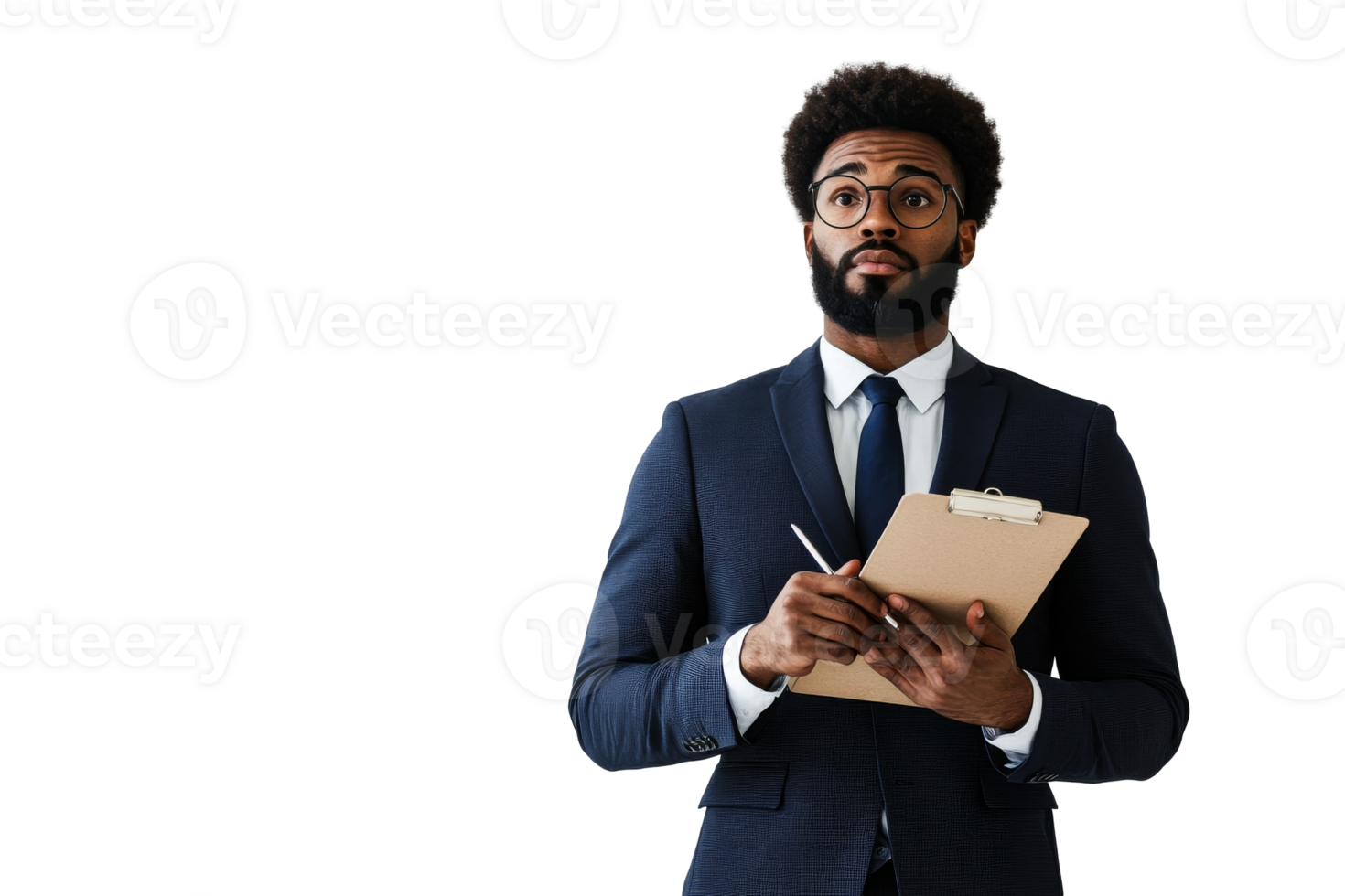 Man in suit with clipboard, looking up thoughtfully, cut out transparent png