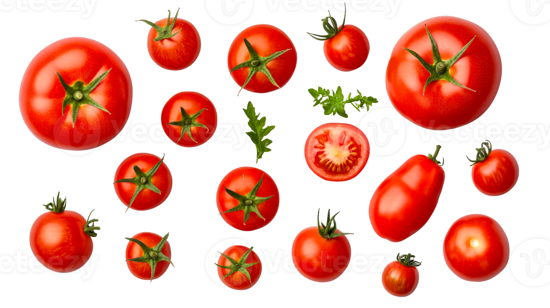 Variety of Fresh Tomatoes on Black Background, cut out transparent png