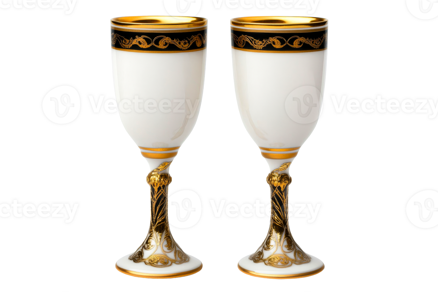 Two elegant white wine glasses with gold trim, cut out transparent png