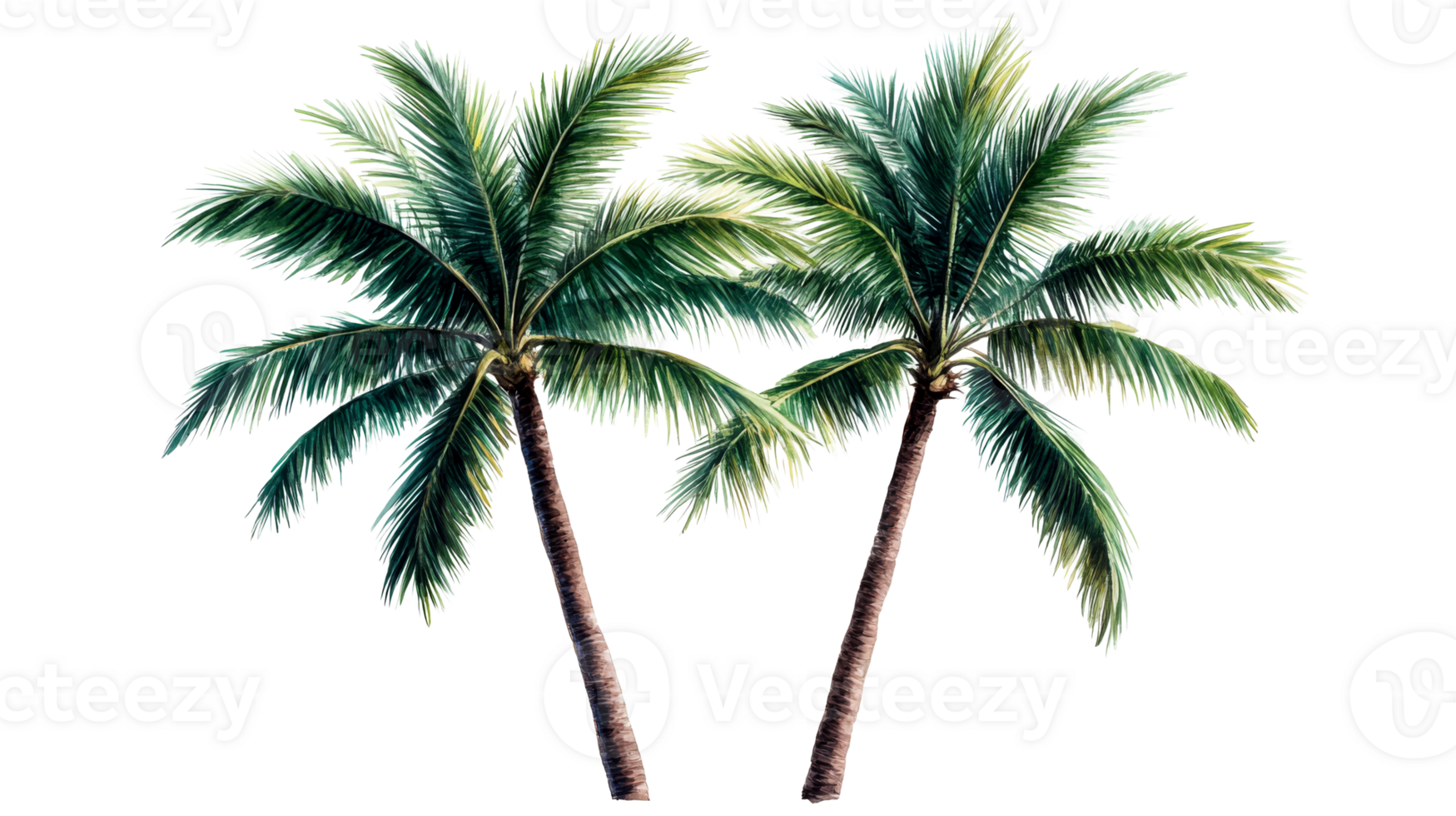 Two palm trees with green leaves, on black, cut out transparent png